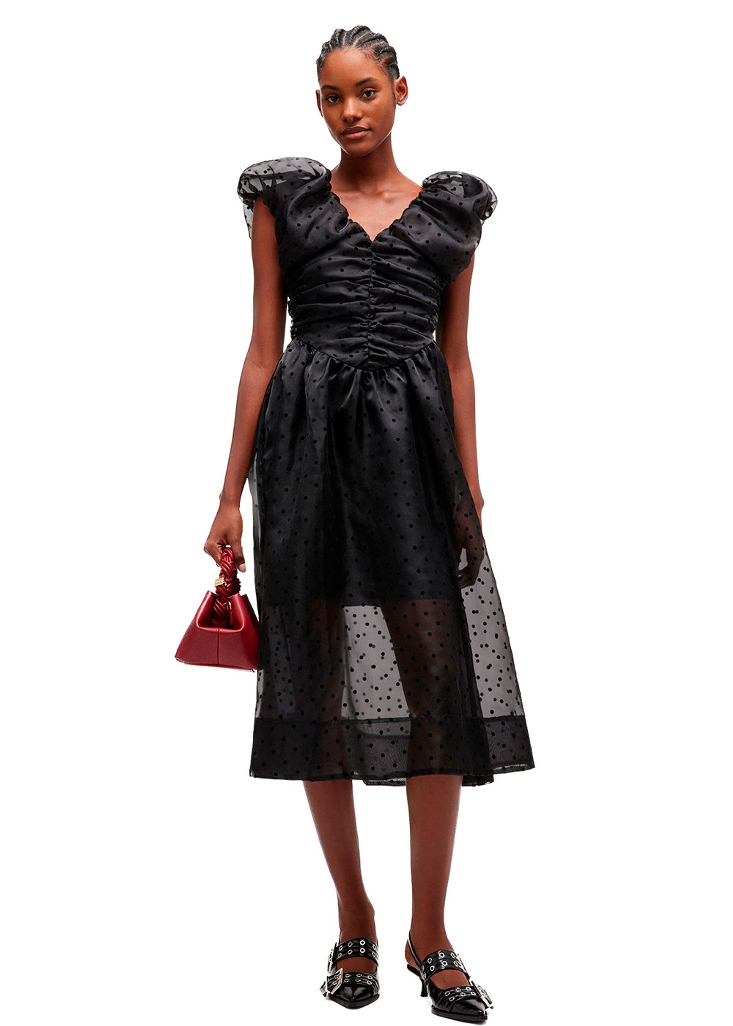 Ganni - Abito - Flocked Organza Long Ruched Dress - Black