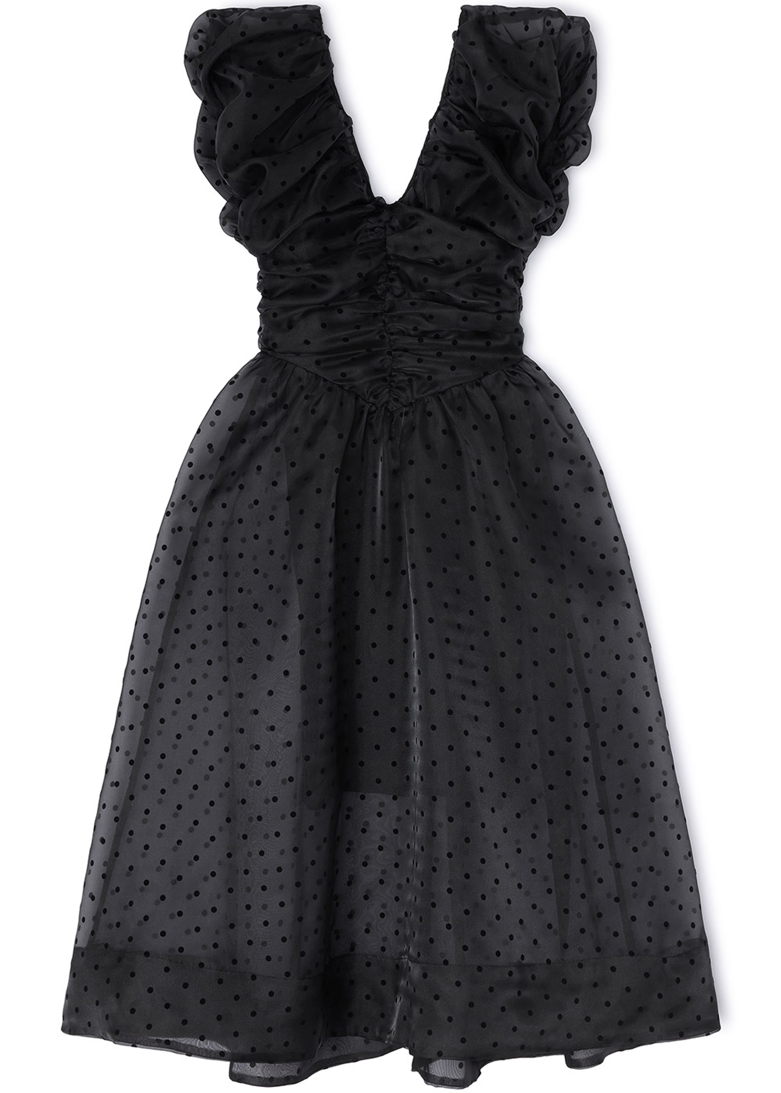 Ganni - Abito - Flocked Organza Long Ruched Dress - Black