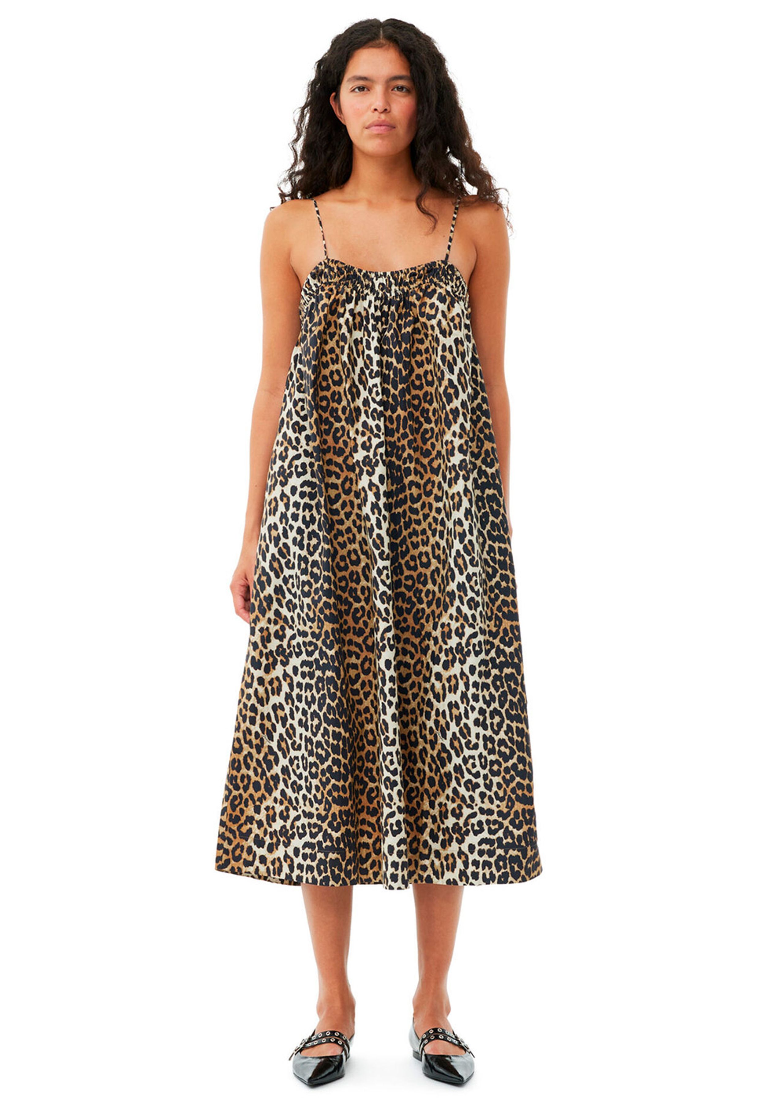 Ganni - Abito - Printed Cotton Midi Strap Dress - Leopard