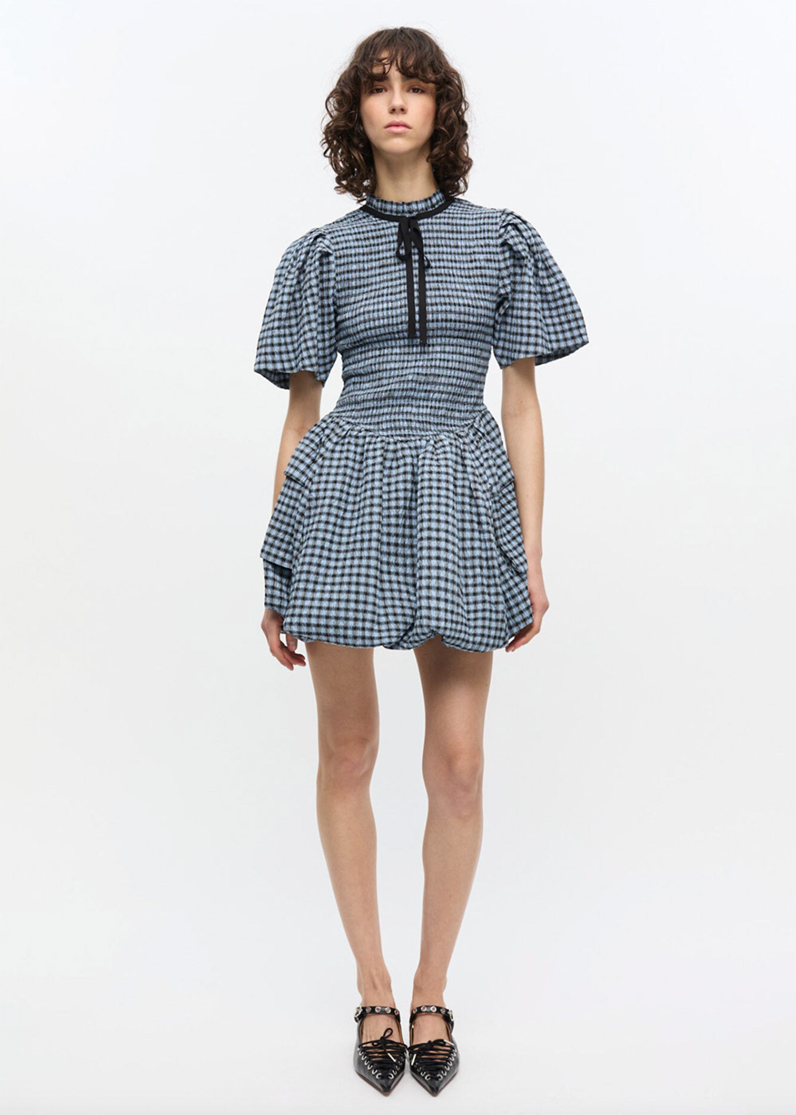 Ganni - Kjole - Seersucker Check Mini Smock Dress - Soft Chambray