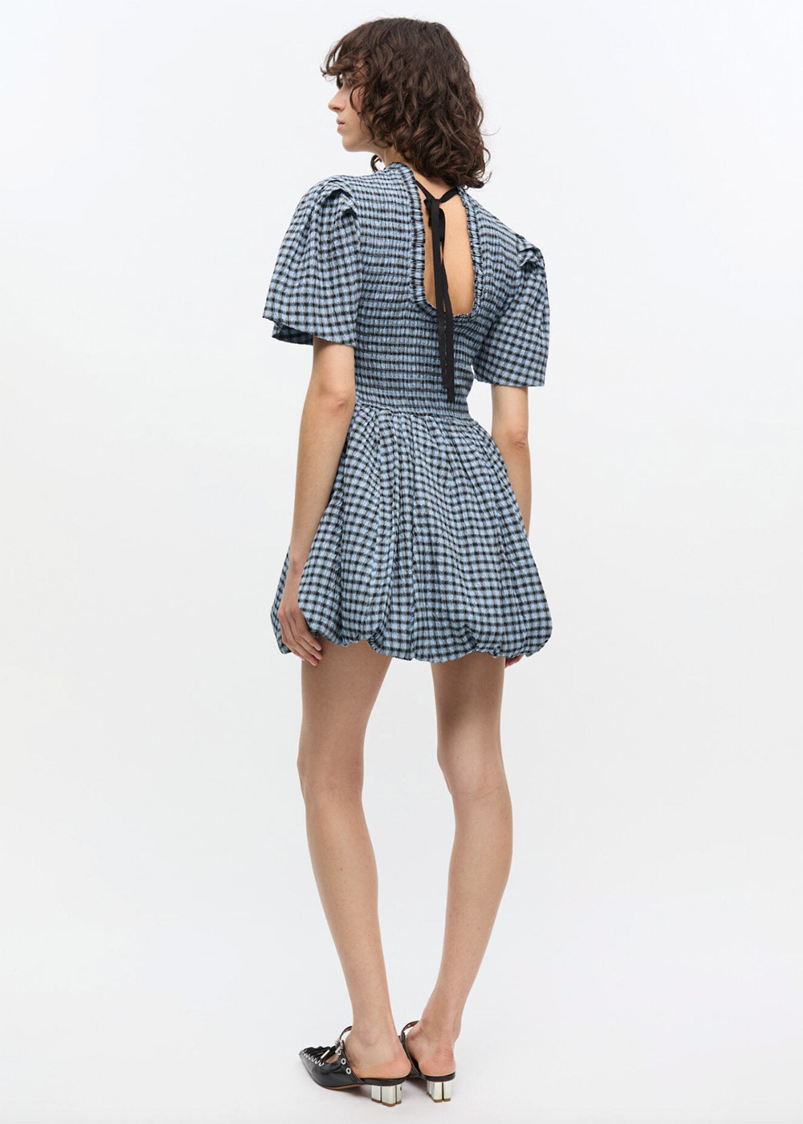 Ganni - Kjole - Seersucker Check Mini Smock Dress - Soft Chambray