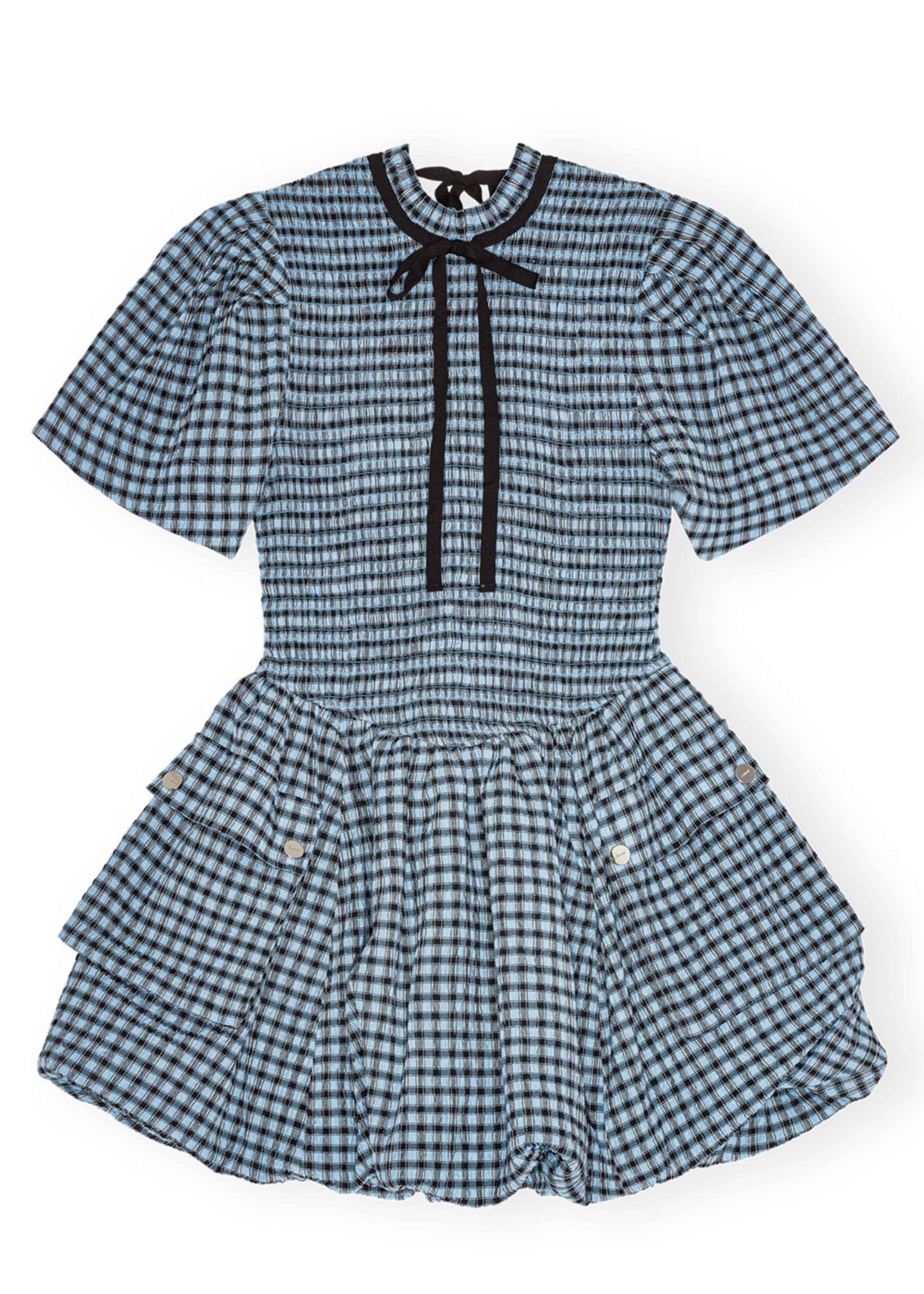 Ganni - Kjole - Seersucker Check Mini Smock Dress - Soft Chambray