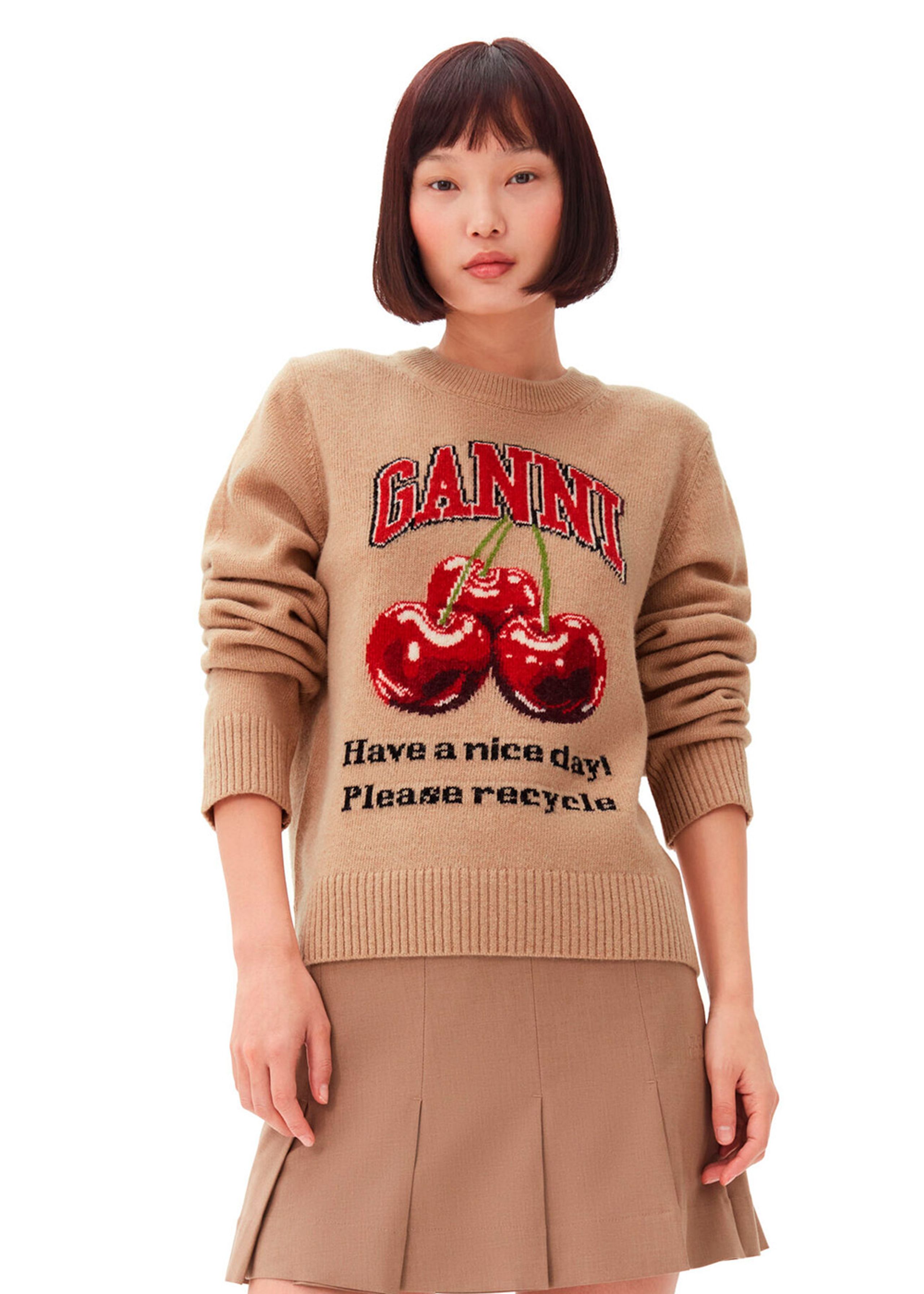 Ganni - Knit - Graphic Wool Mix Crewneck - Cherry / Safari