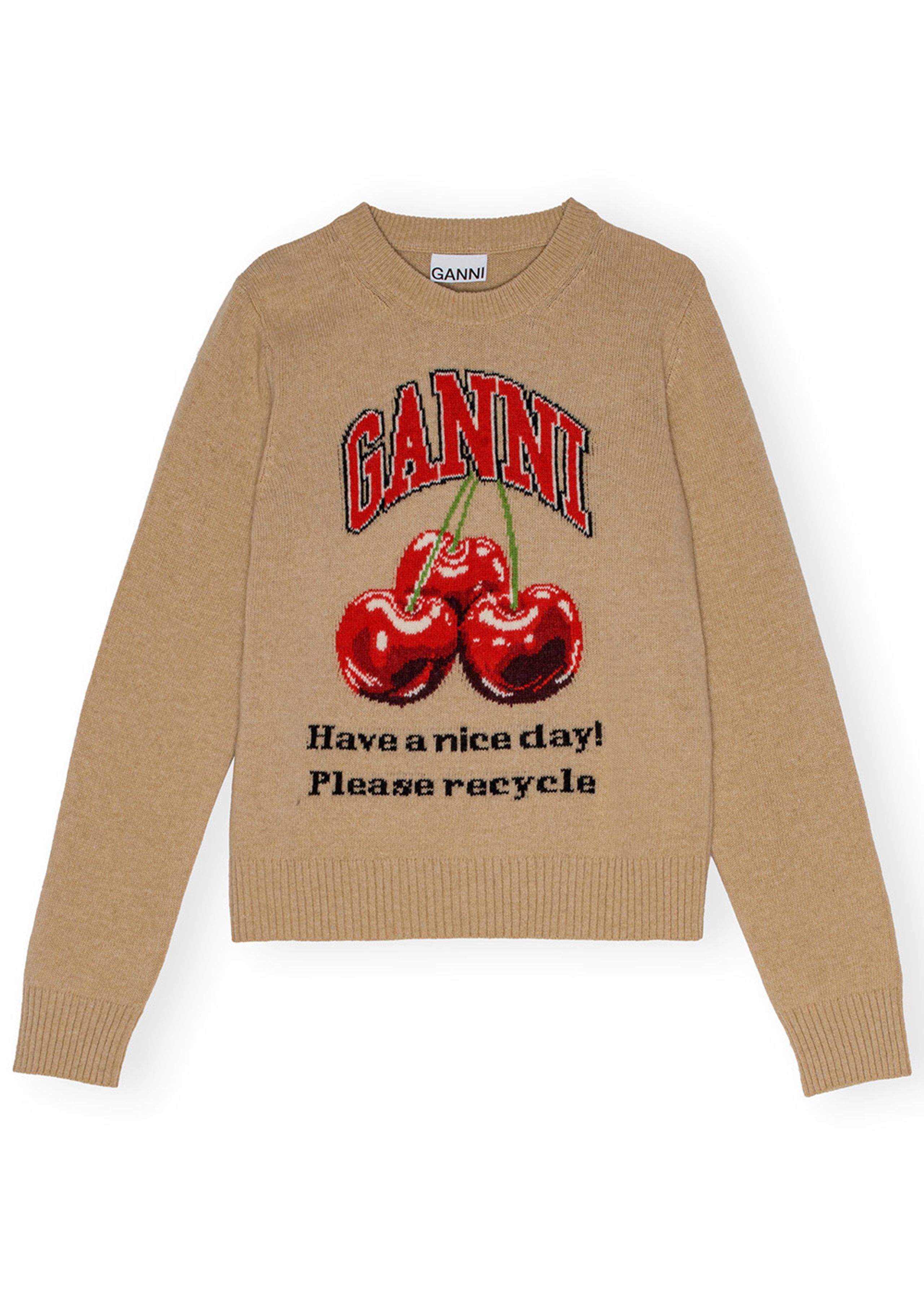 Ganni - Knit - Graphic Wool Mix Crewneck - Cherry / Safari