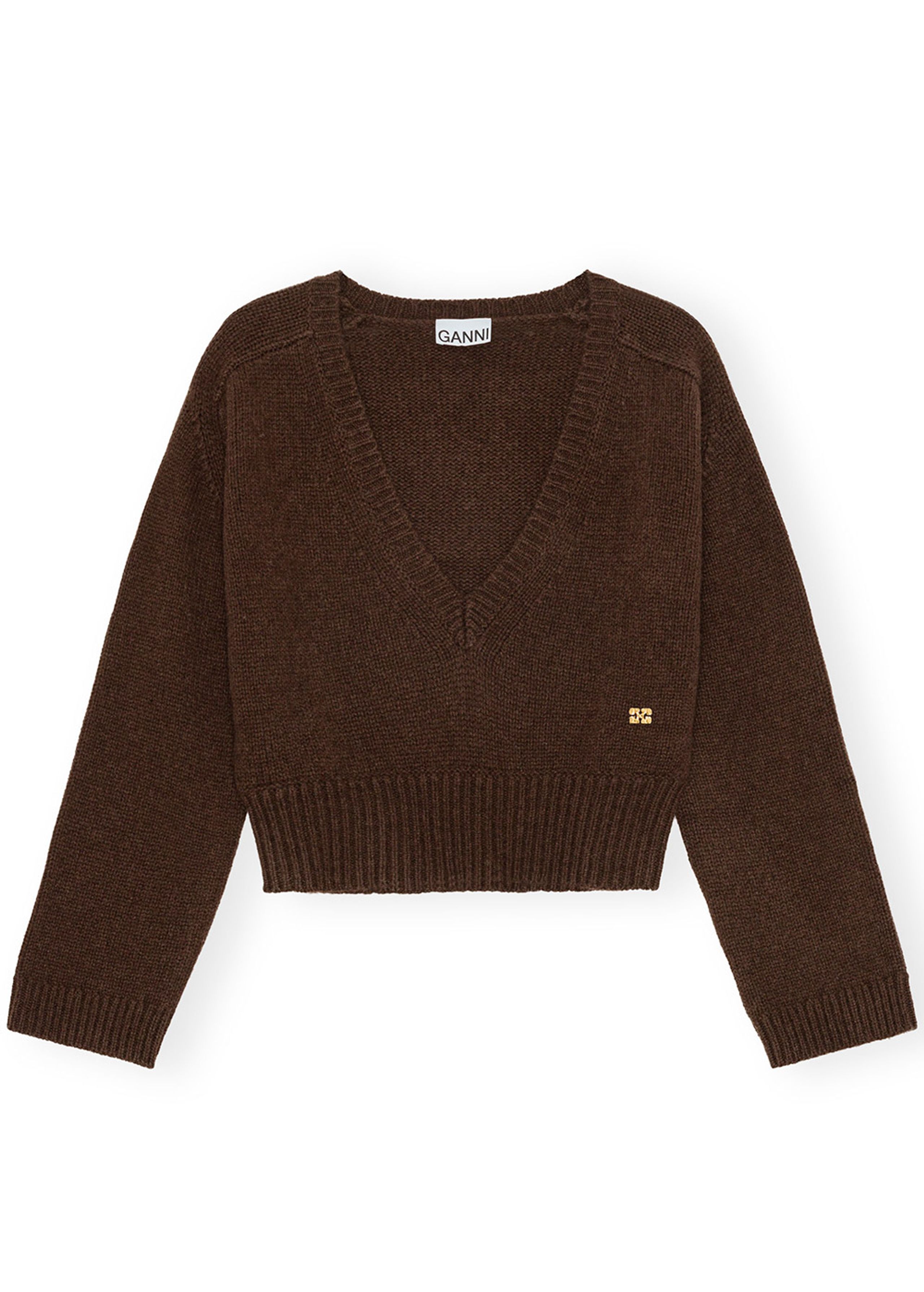 Ganni - Strickware - Wool Yak Mix Deep V-neck - Shaved Chocolate
