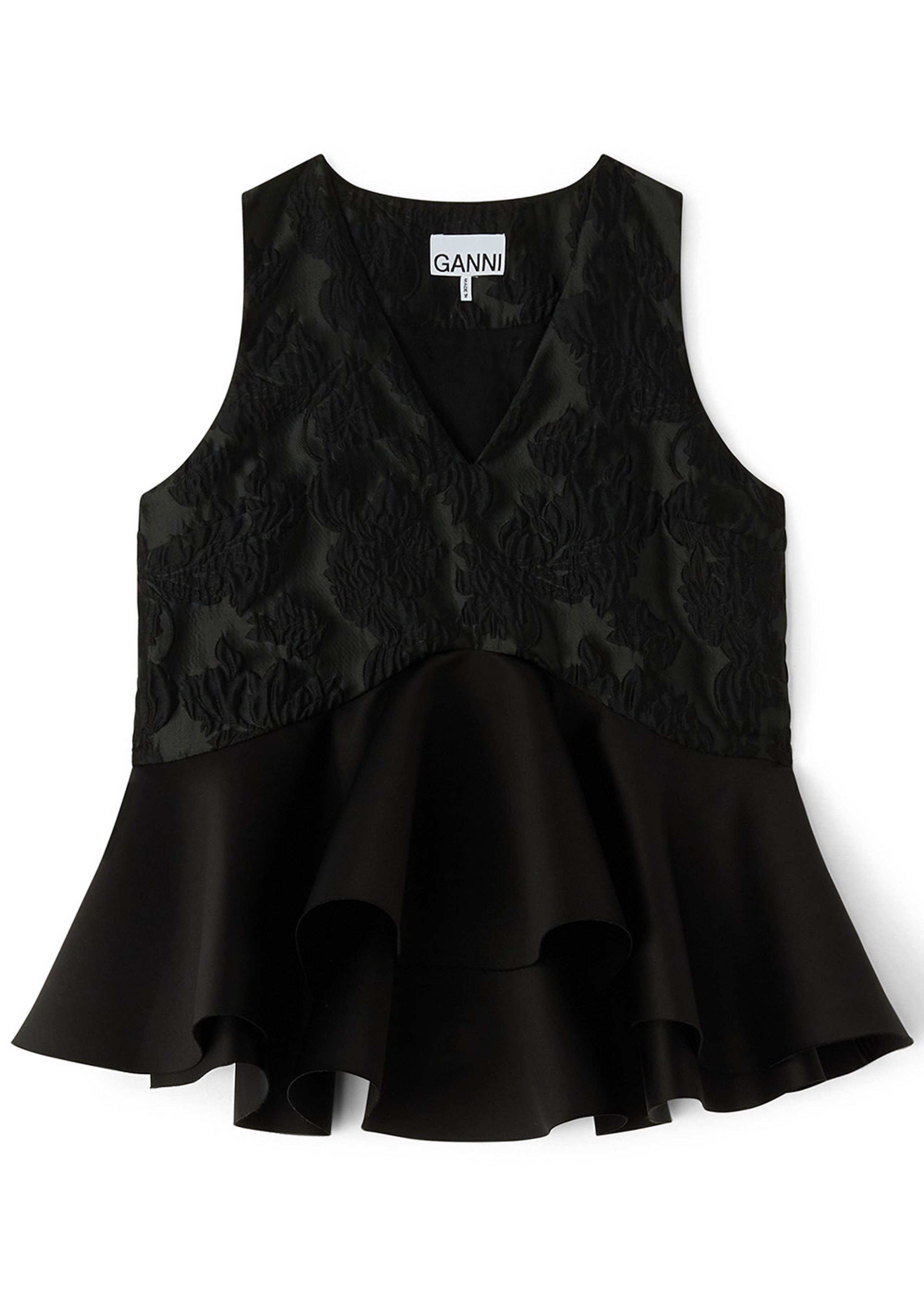 Ganni - Top - Satin Cloque Sleeveless Peplum Blouse - Black