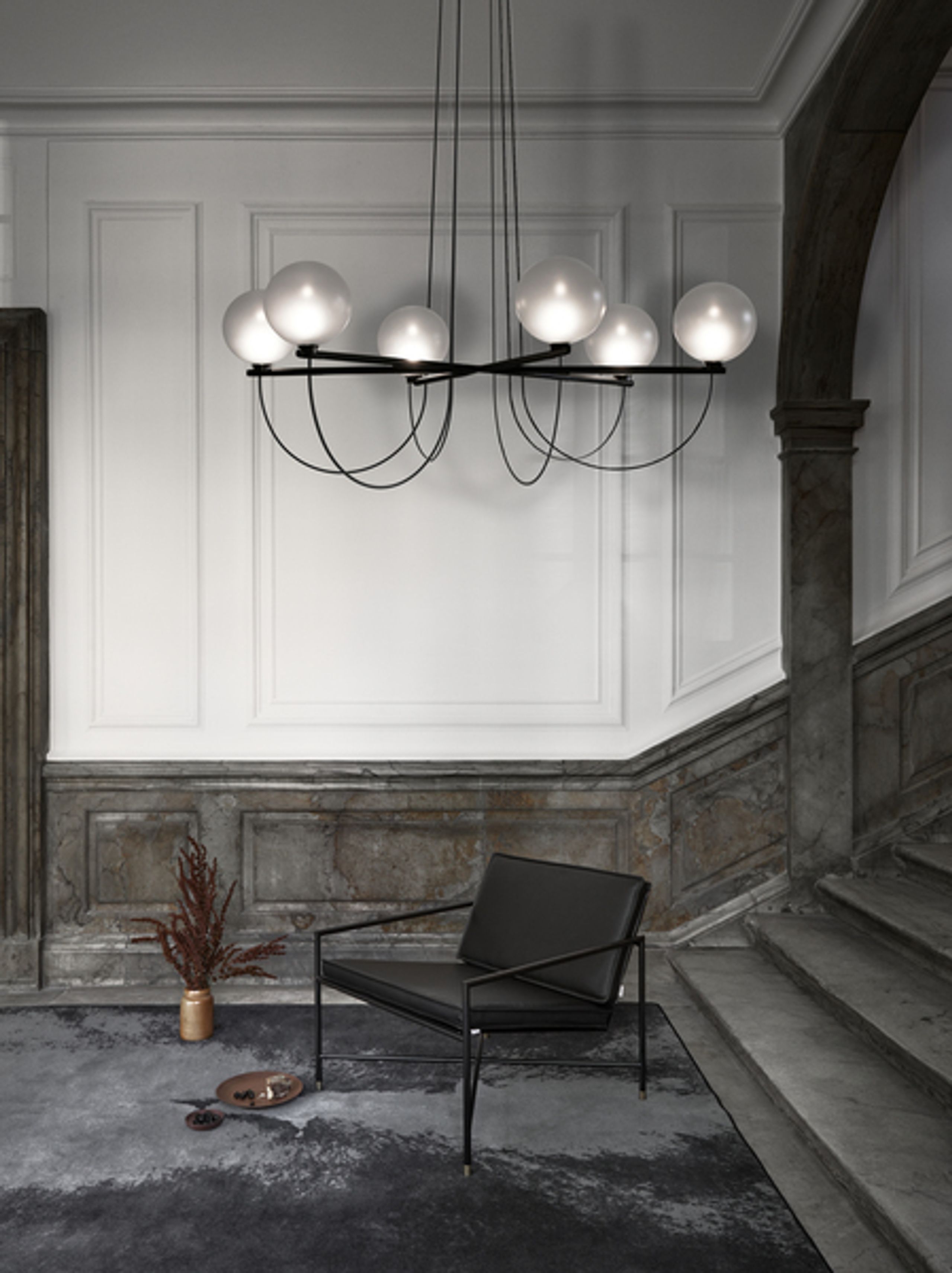 Handvärk - Lampe - Globe Chandelier - Sort Pulverlakeret Stål - Røget Glas