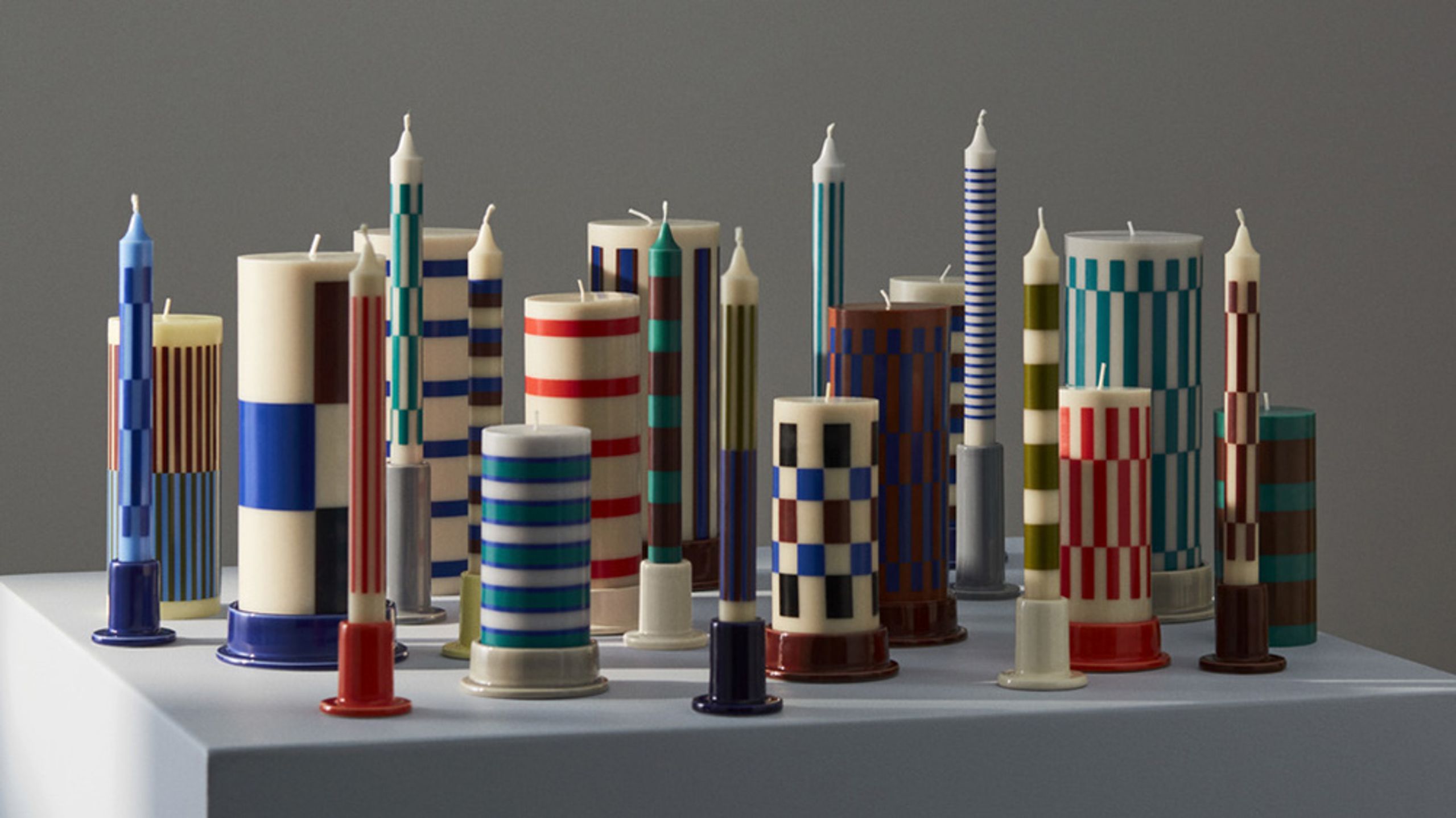 HAY - Bloklys - Column Candle - Off-White | Blue | Grid Check
