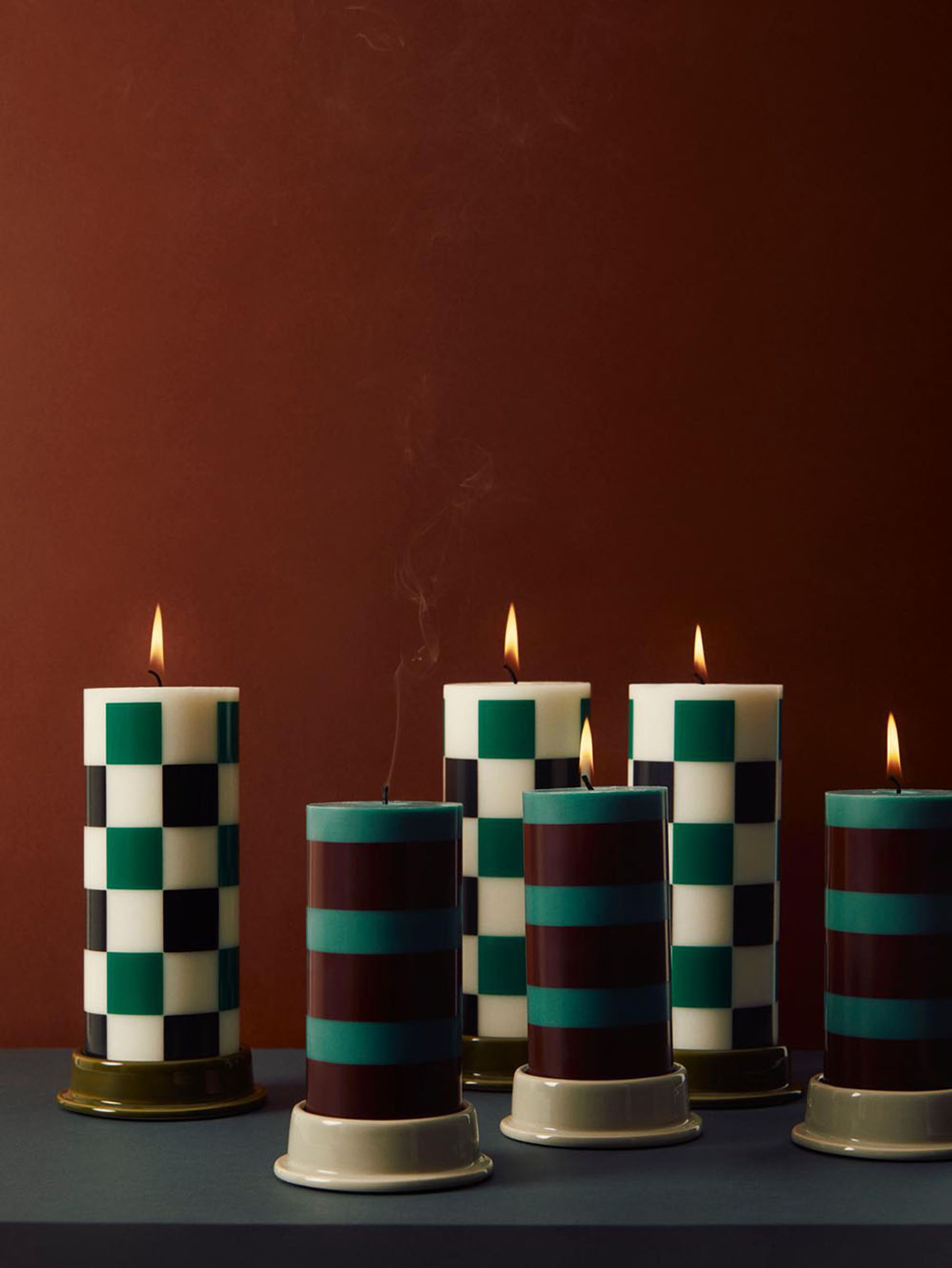 HAY - Bloklys - Column Candle - Wine With Bordeaux | Large Check