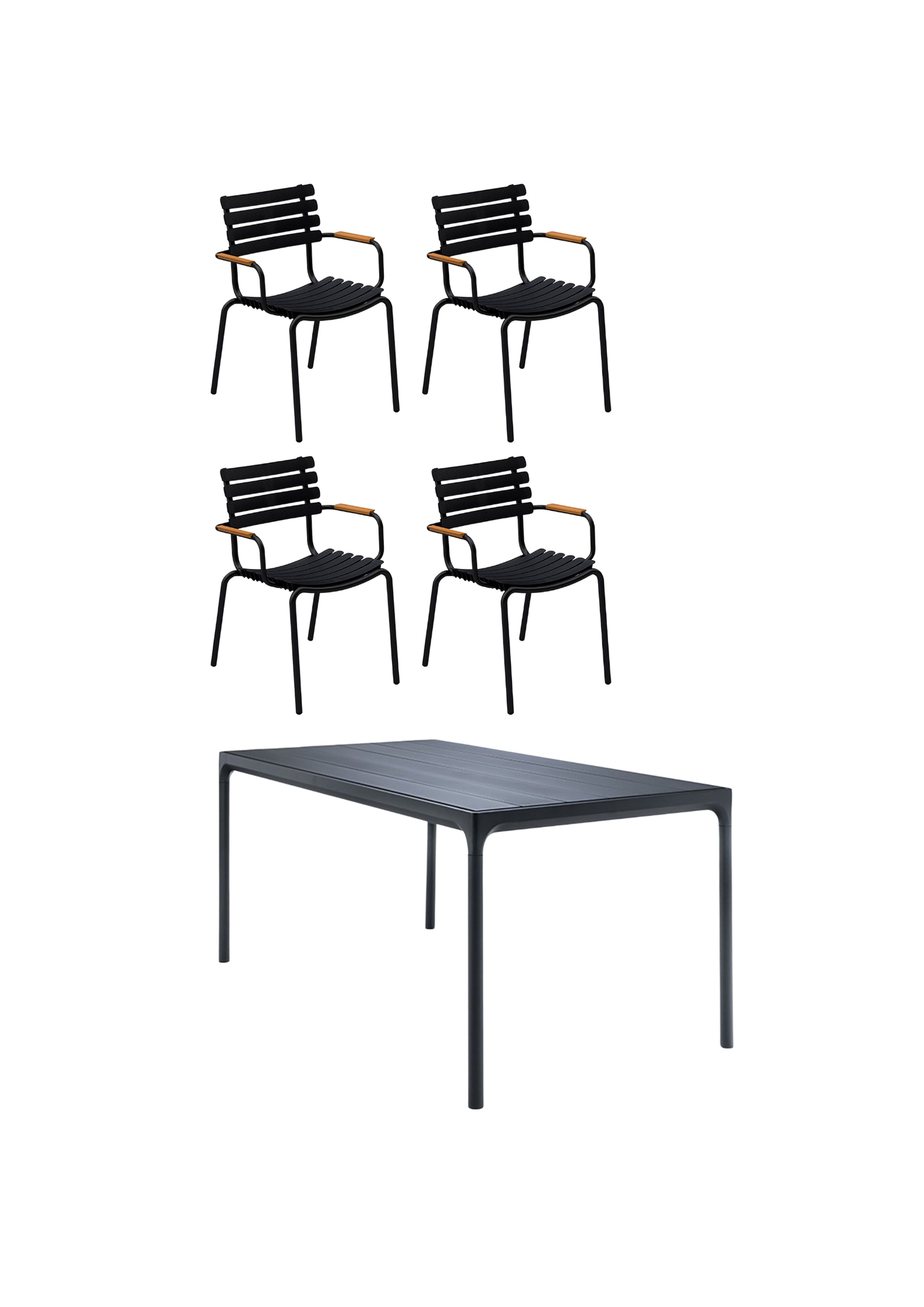HOUE - Havemøbelsæt - 1 Four Table, 4 Reclips Dining Chair - Black Table/Bamboo Chairs