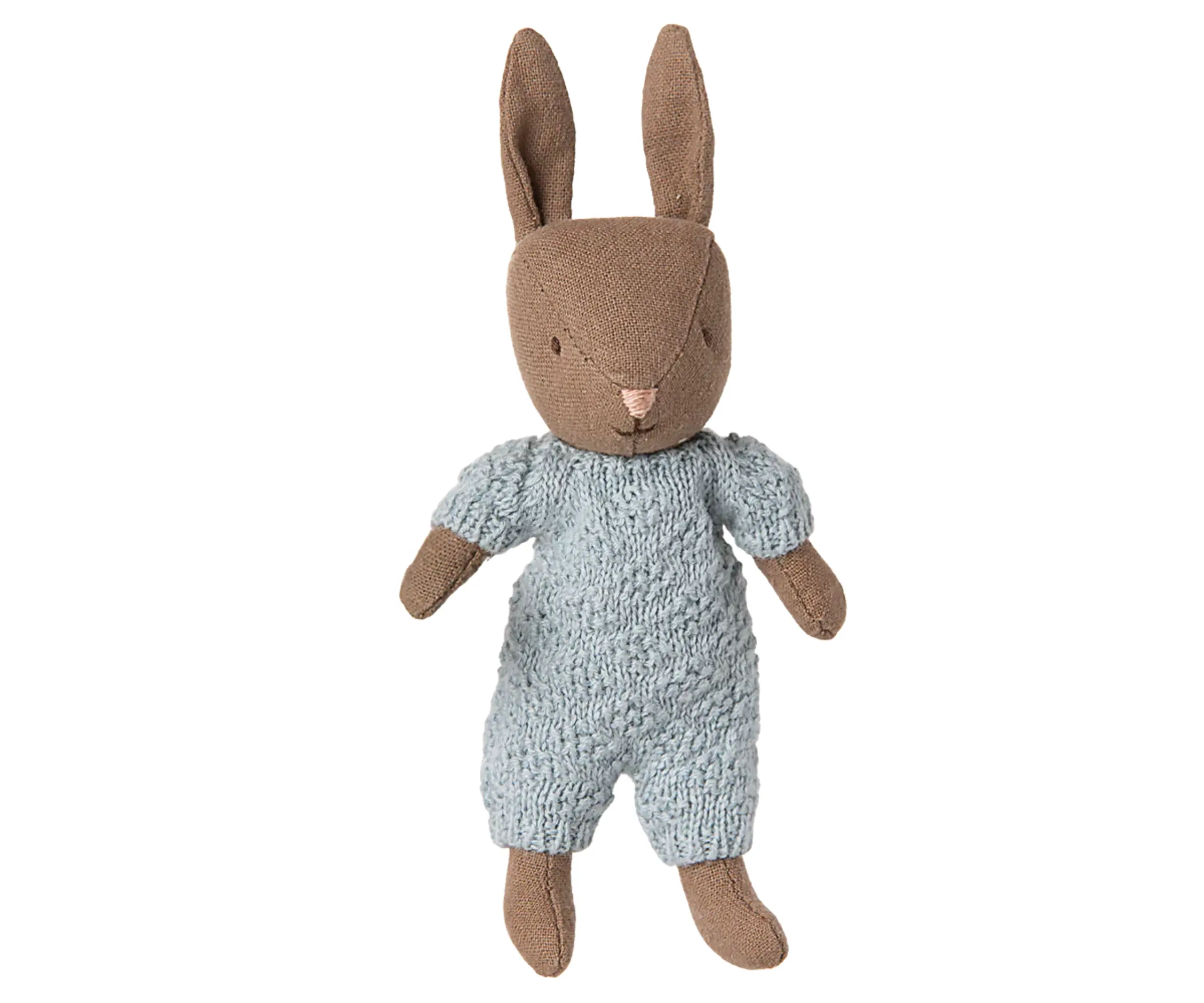 Maileg - Doll - Rabbit - Micro - Brown - Blue knitted suit