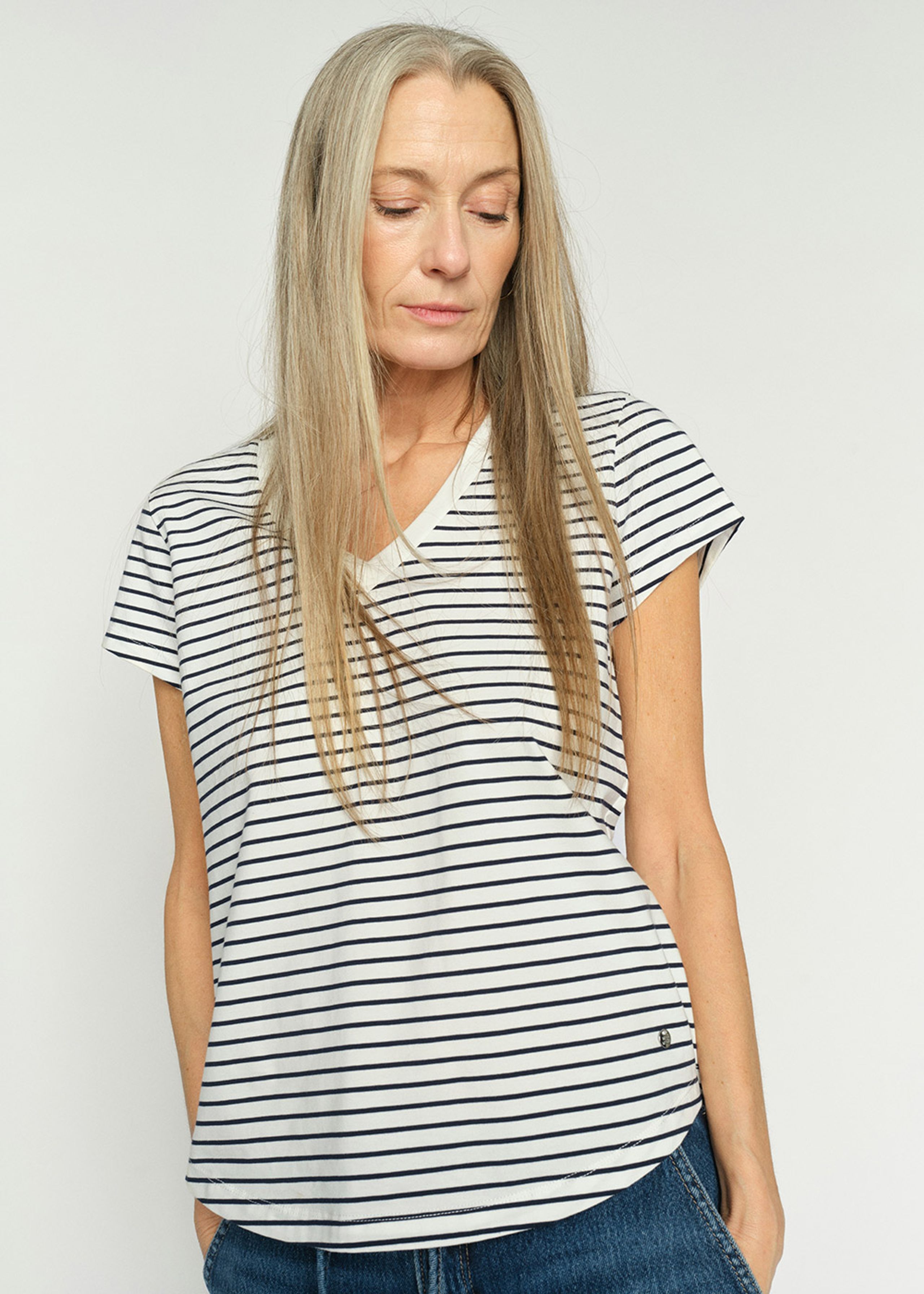 Mos Mosh - T-shirt - MMKala V-SS Stripe Tee - Salute Navy