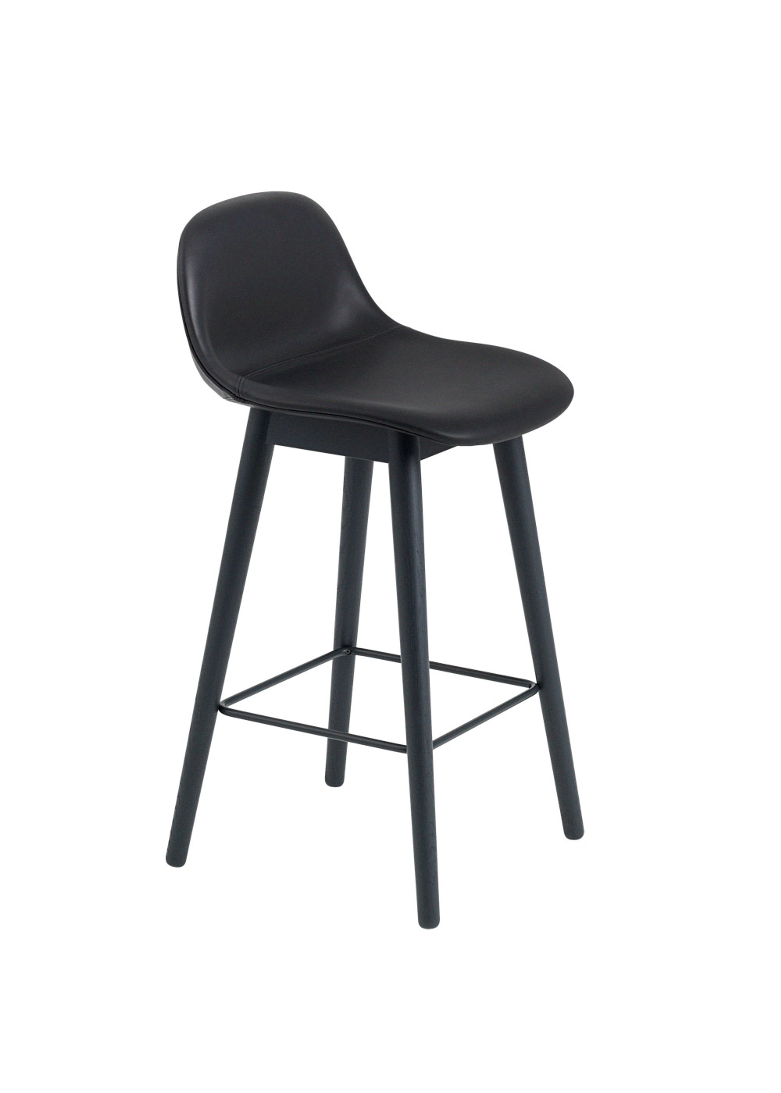 Muuto - Pall - Fiber Bar Stool w/ Backrest - Wood Base - Refine Leather - Black/Black