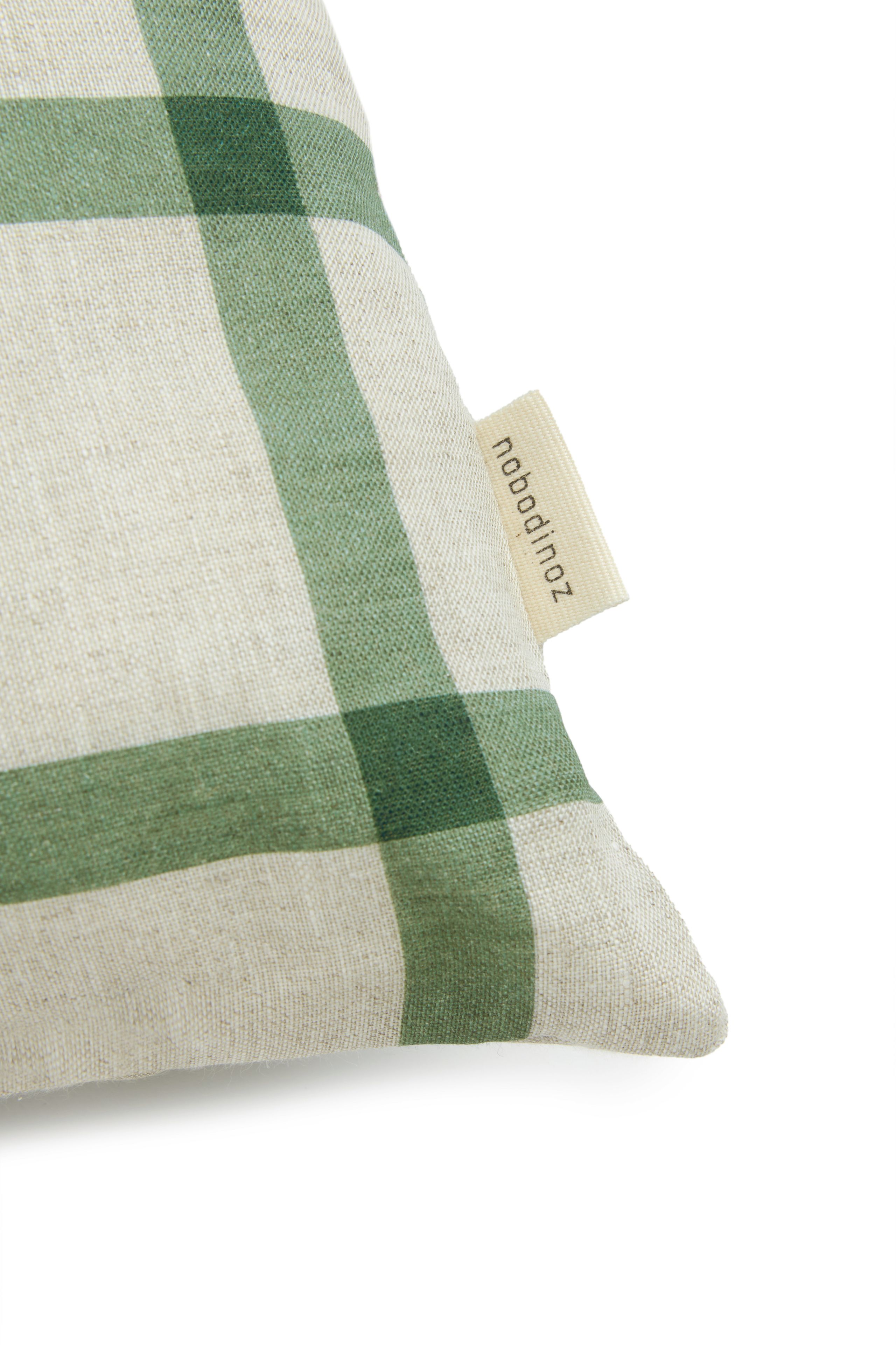 Nobodinoz - Pude - Rectangular Cushion In French Linen Vibes M - Green windowpane bird