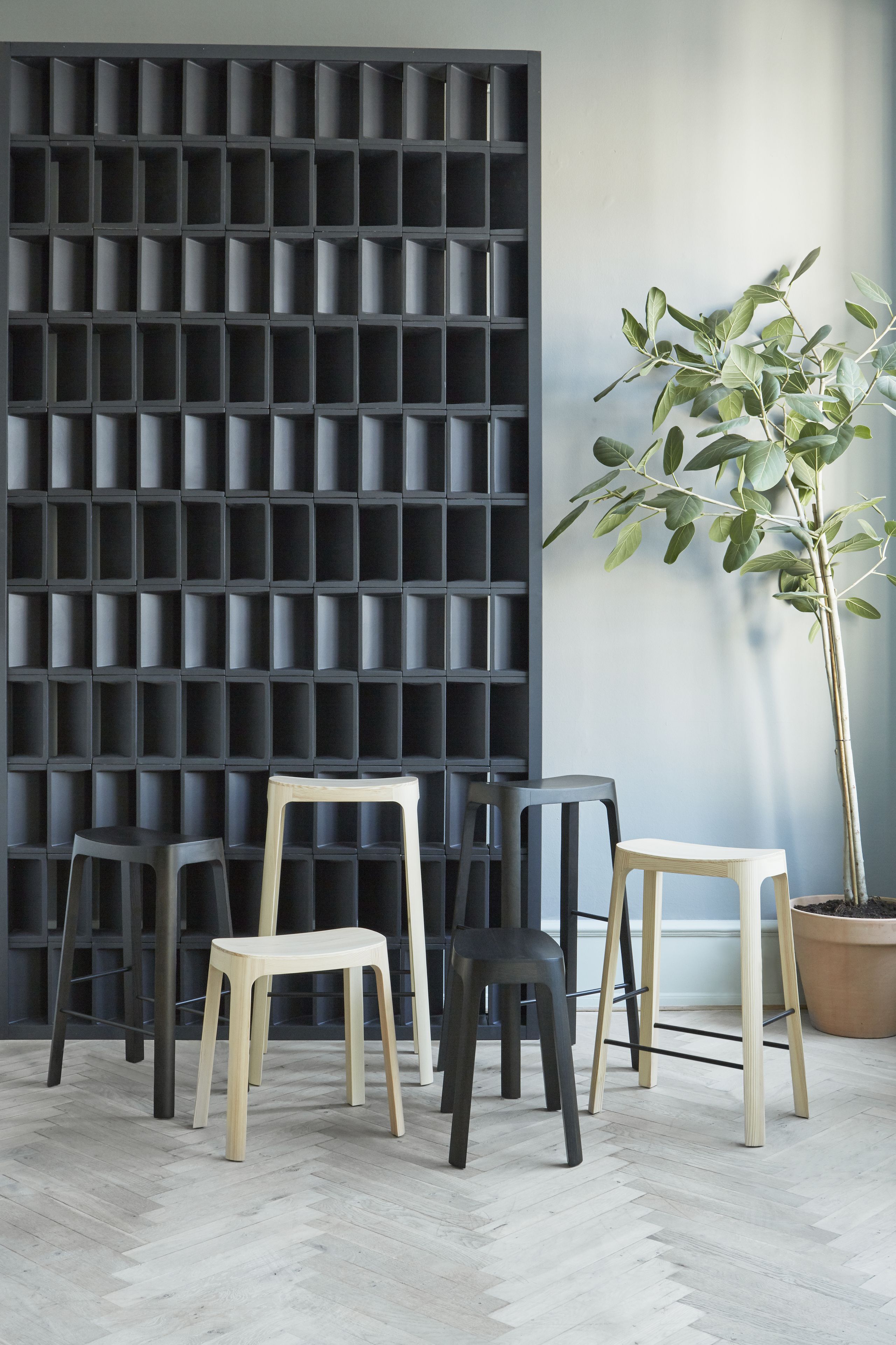 PLEASE WAIT to be SEATED - Bar stool - Crofton Bar Stool / By Daniel Schofield - Natural Pine / Black