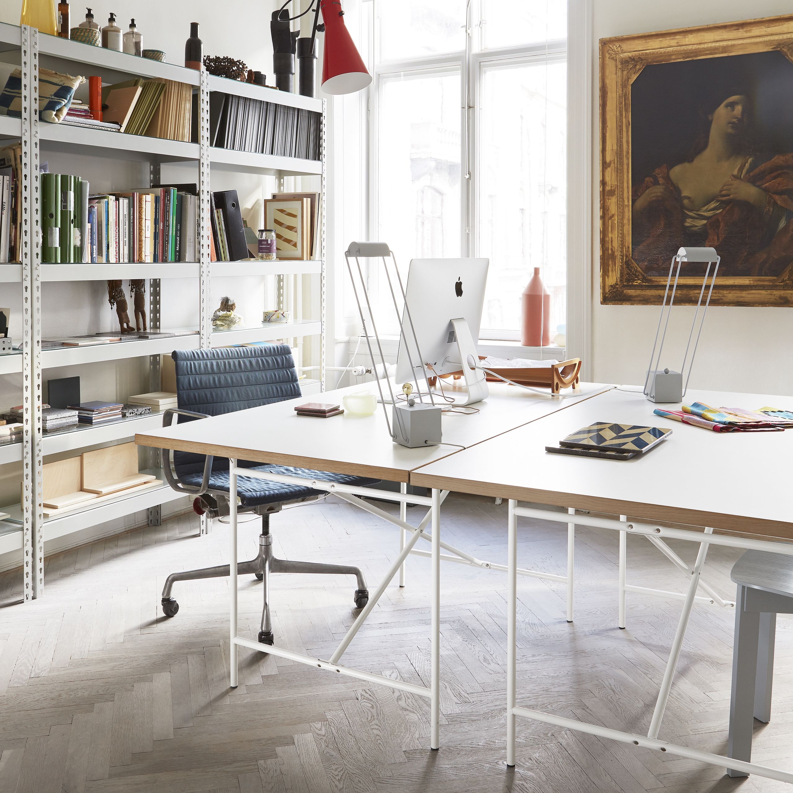 PLEASE WAIT to be SEATED - Desk - Eiermann1 Desk / By Egon Eiermann - Dark Blue Linoleum w. Oak Edge / Navy Blue