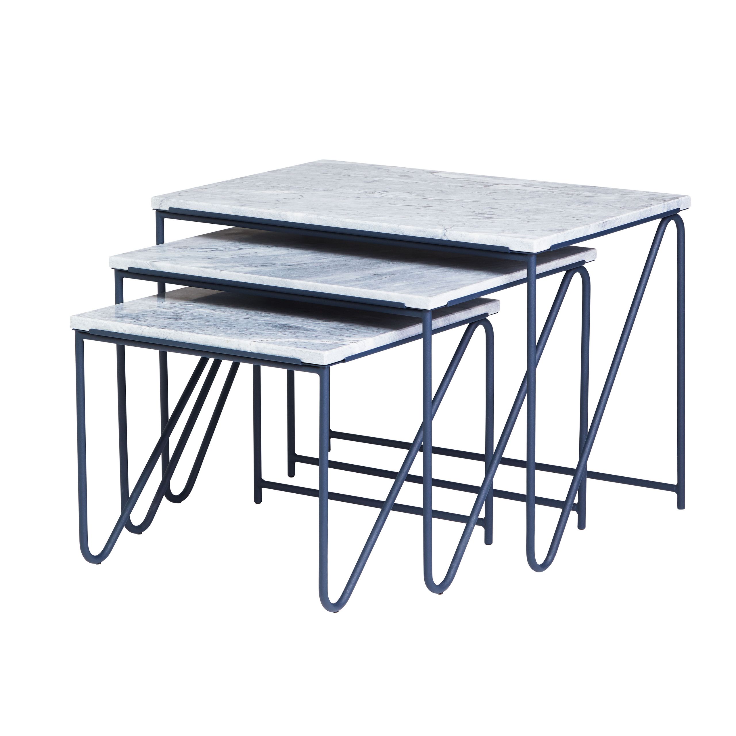 PLEASE WAIT to be SEATED - Sofabord - Triptych Nesting Table / By All the way to Paris - Grey Marble / Navy Blue