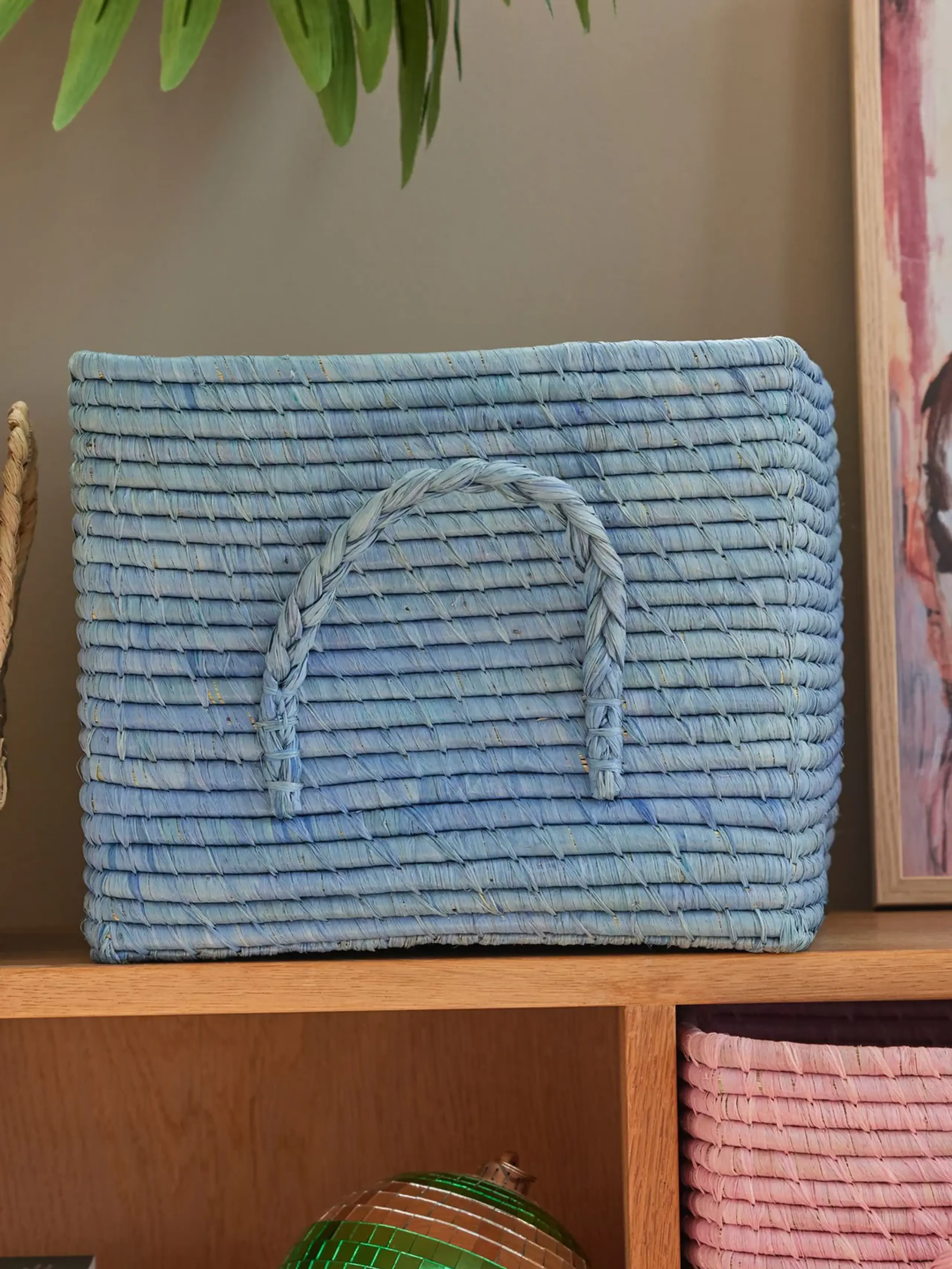 Rice - Child storage box - Raffia Square Basket - Blue
