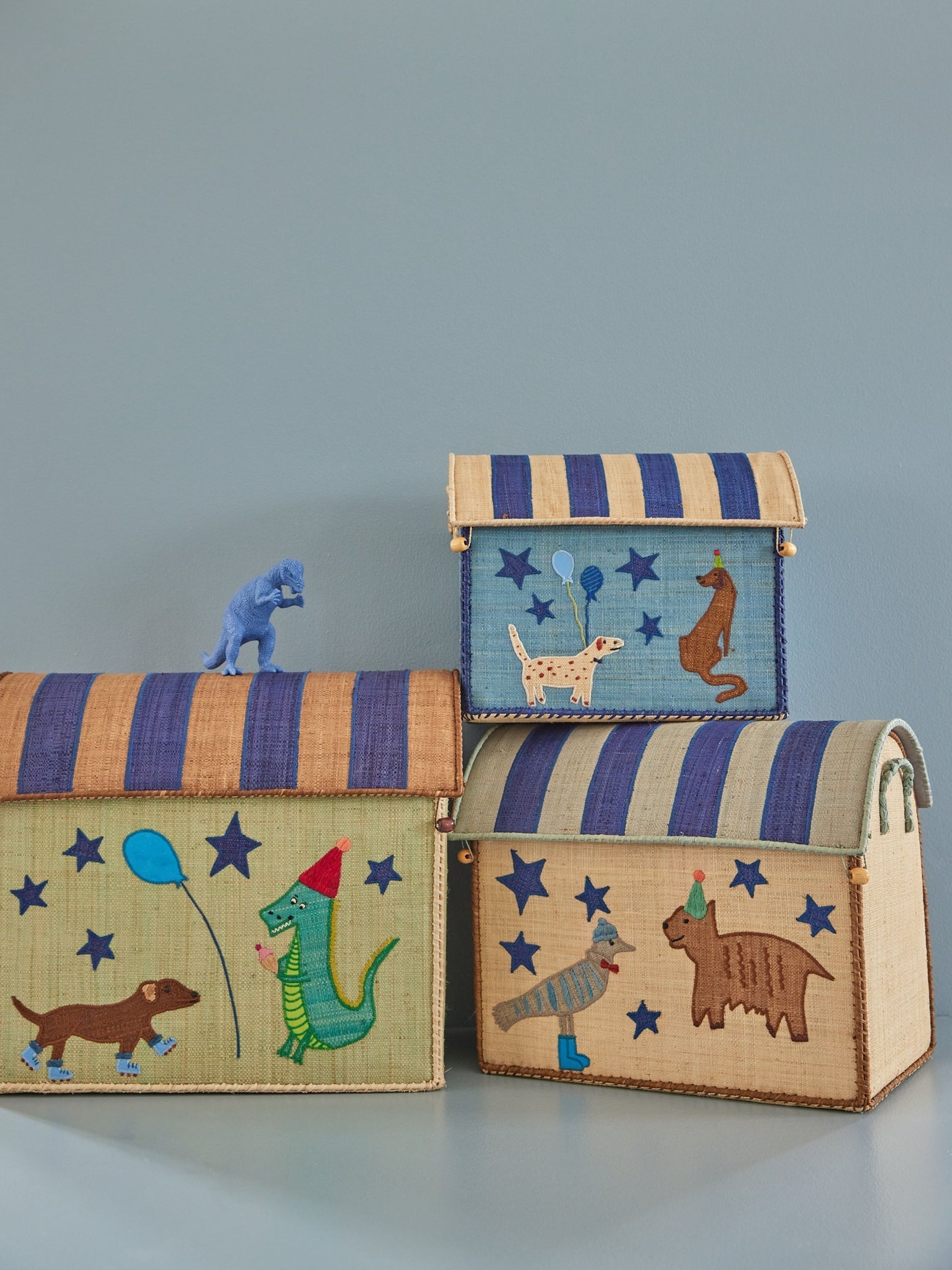 Rice - Child storage box - Raffia Toy Baskets - Set Of 3 - Blue Party Animal Theme
