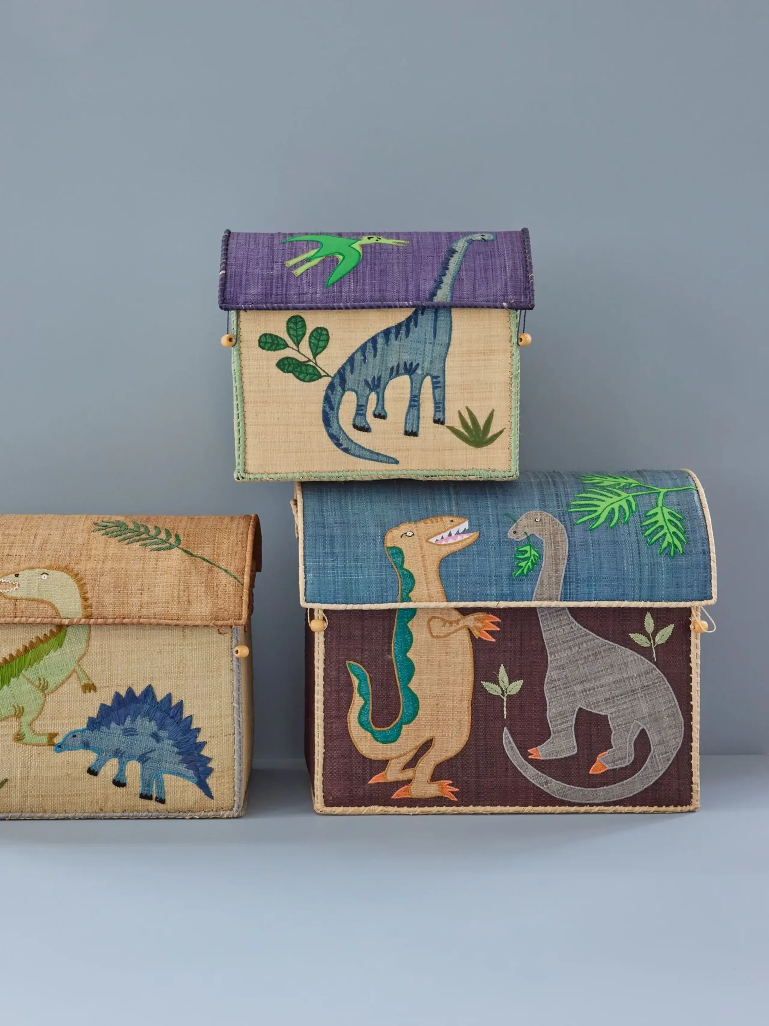 Rice - Dětský úložný box - Raffia Toy Baskets - Set Of 3 - Dinosaur Theme