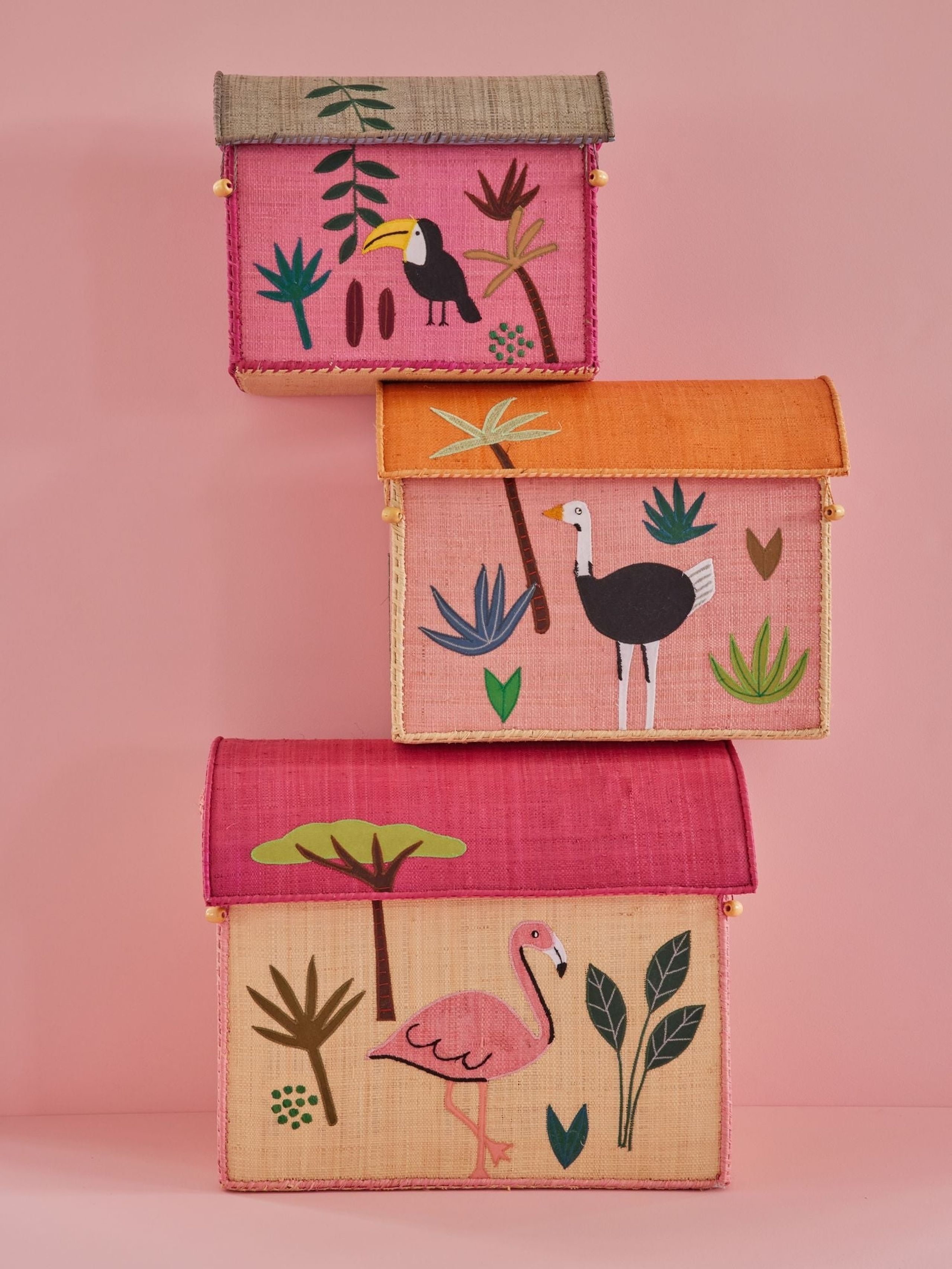 Rice - Contenitore per bambini - Raffia Toy Baskets - Set Of 3 - Jungle Theme pink