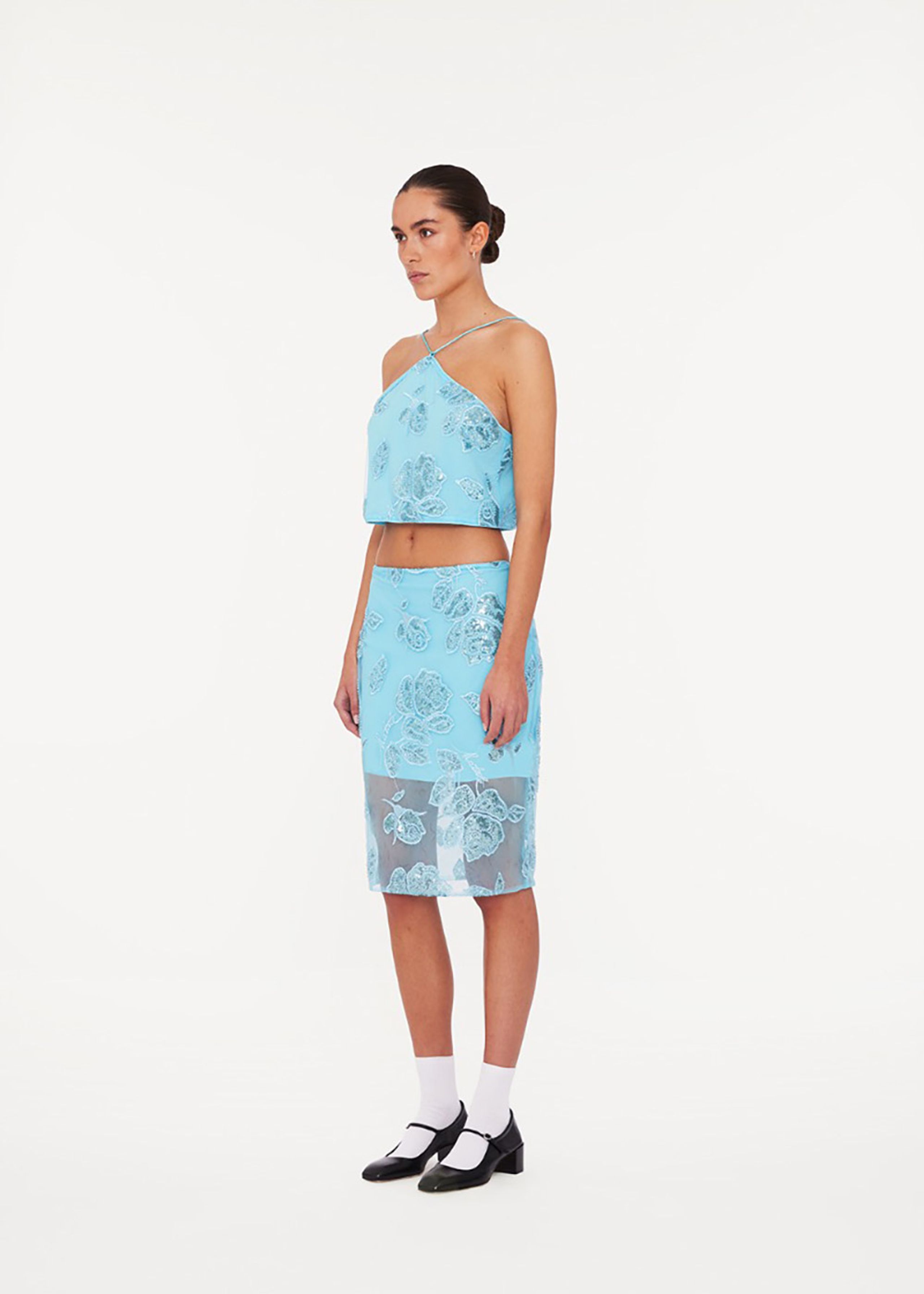ROTATE by Birger Christensen - Skirt - Beaded Pencil Skirt - Embellished Flower Embroidery - Blue Topaz