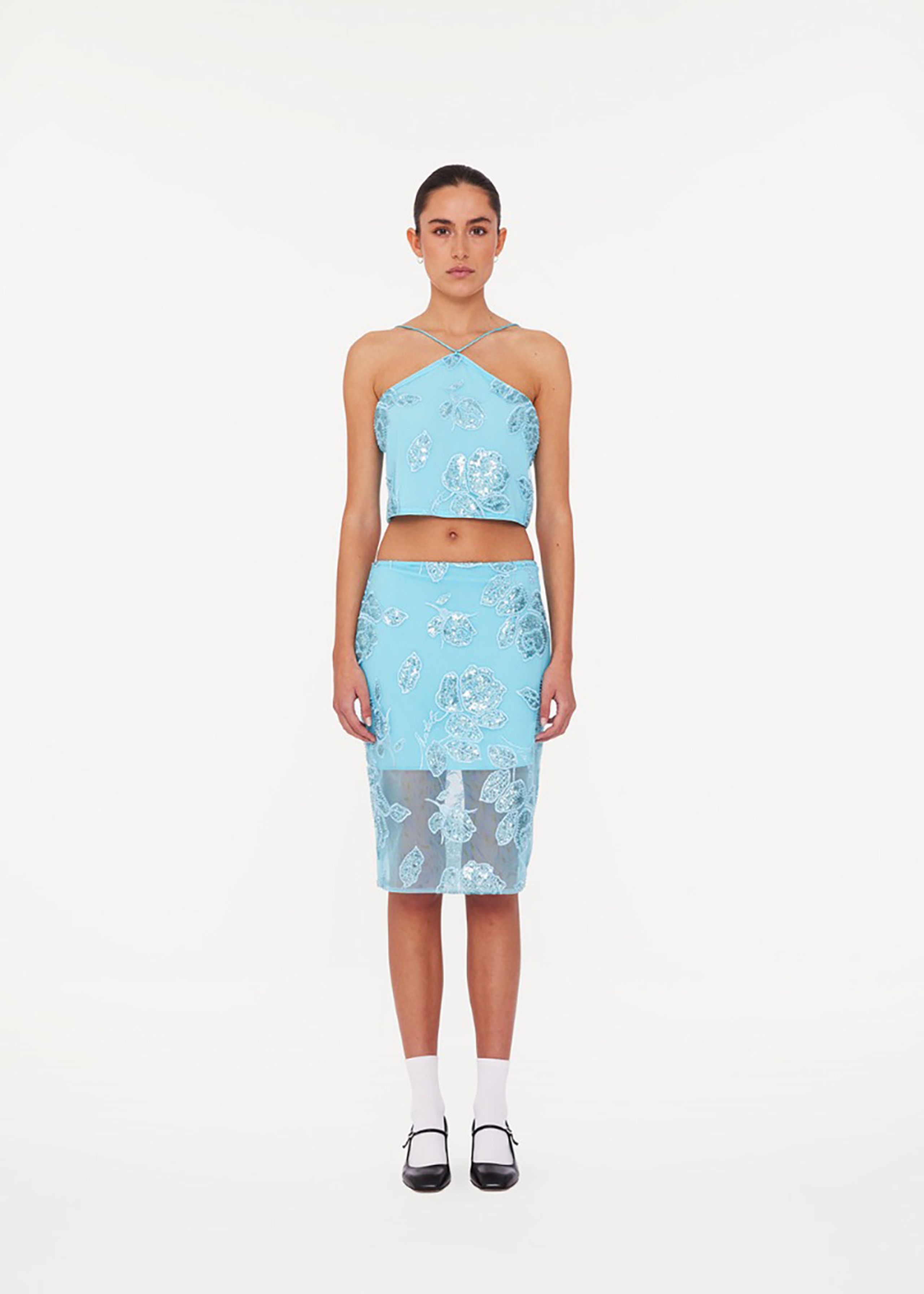 ROTATE by Birger Christensen - Skirt - Beaded Pencil Skirt - Embellished Flower Embroidery - Blue Topaz