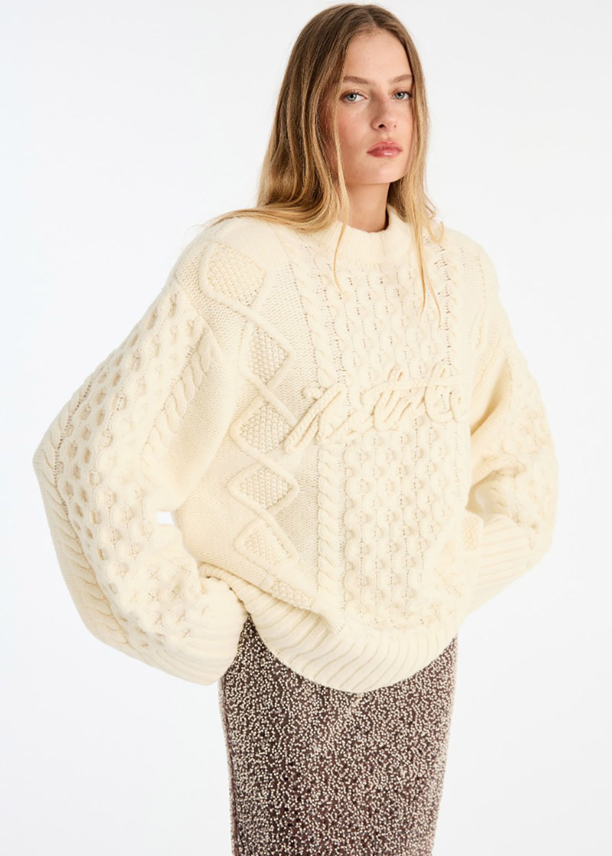ROTATE by Birger Christensen - Strik - Cornella Knit Cable Crewneck - Egret