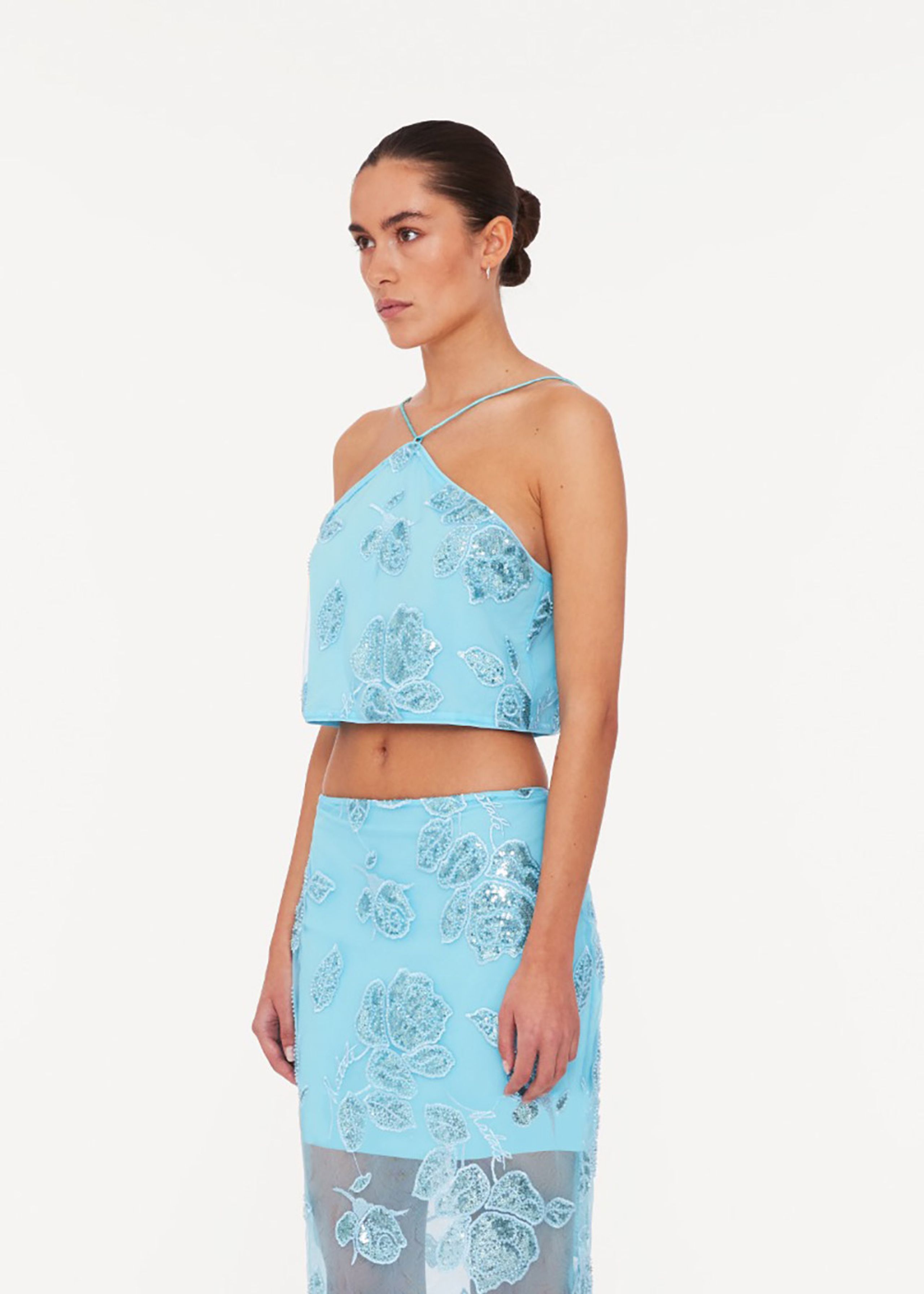 ROTATE by Birger Christensen - Top - Beaded Crop Top - Embellished Flower Embroidery - Blue Topaz