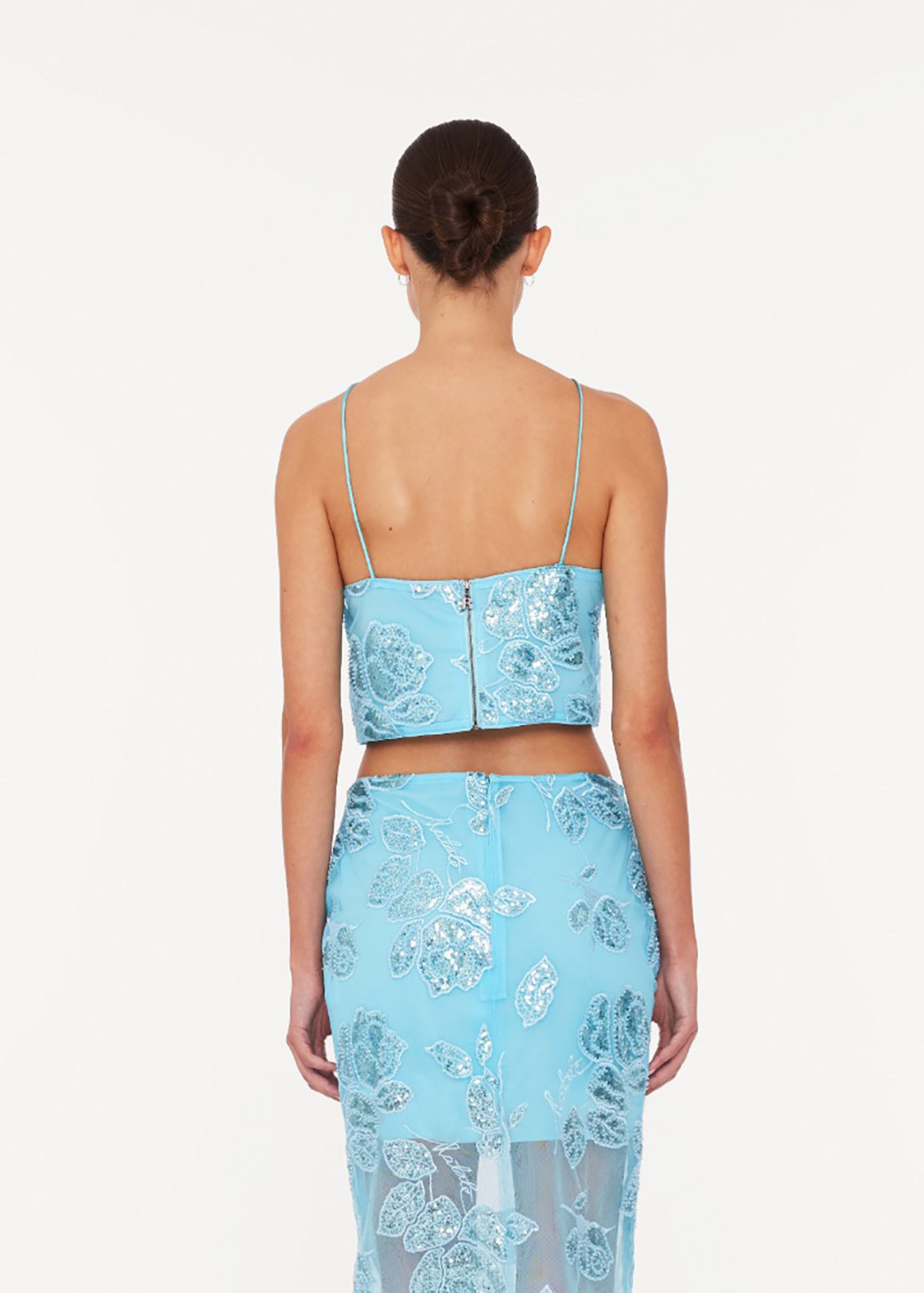 ROTATE by Birger Christensen - Top - Beaded Crop Top - Embellished Flower Embroidery - Blue Topaz