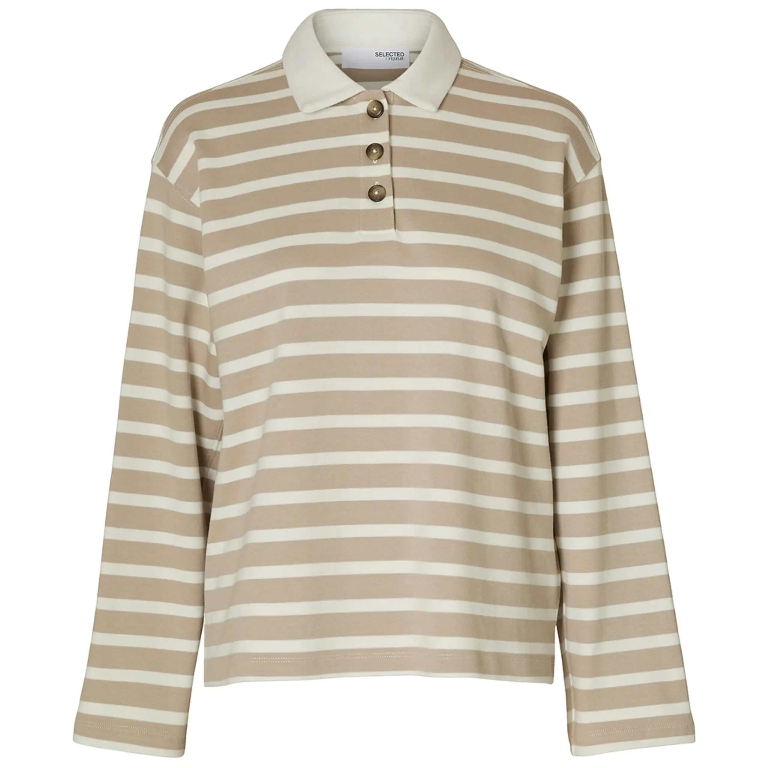 Selected Femme - Polo - SLFWada LS Stripe Collar Top - Island Fossil/Snow White