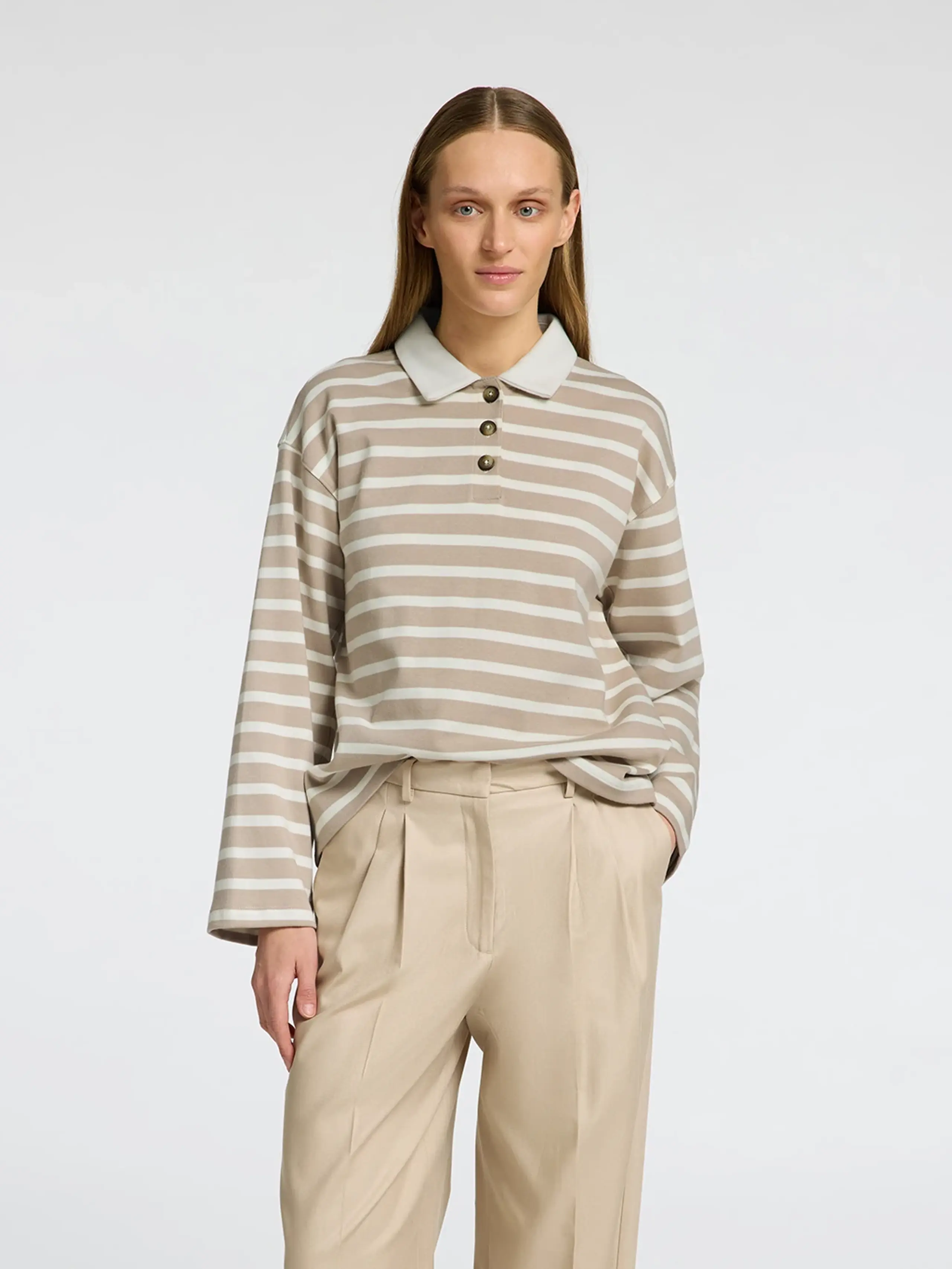 Selected Femme - Polo - SLFWada LS Stripe Collar Top - Island Fossil/Snow White