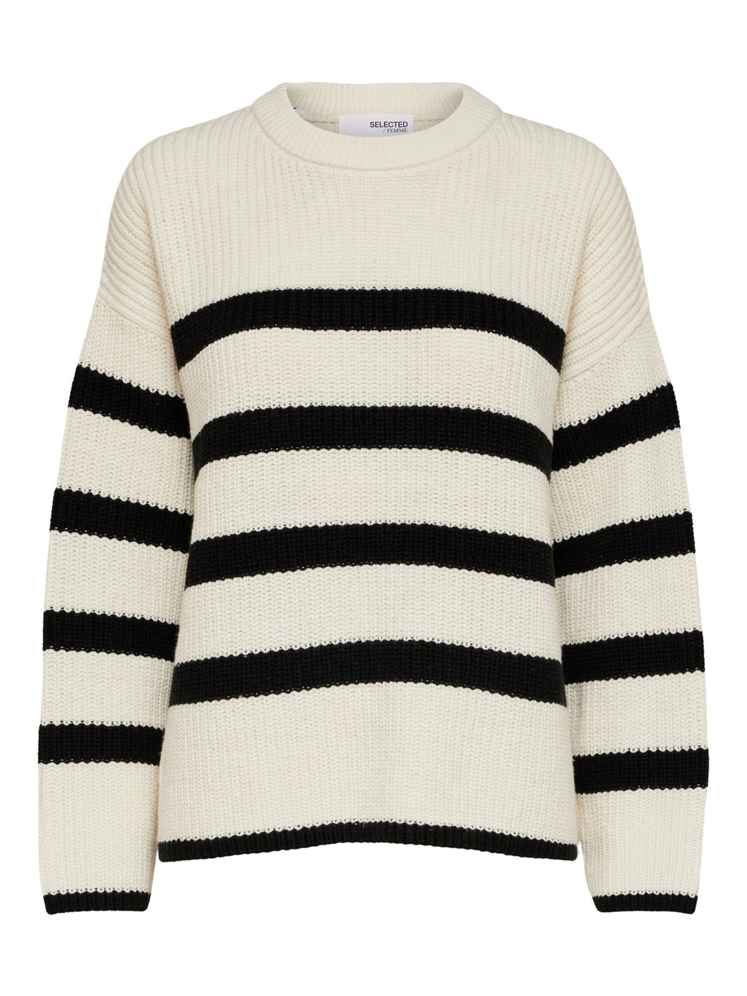 Selected Femme - Knit - SLFBloomie LS Knit O-Neck - Snow White/Black Stripes