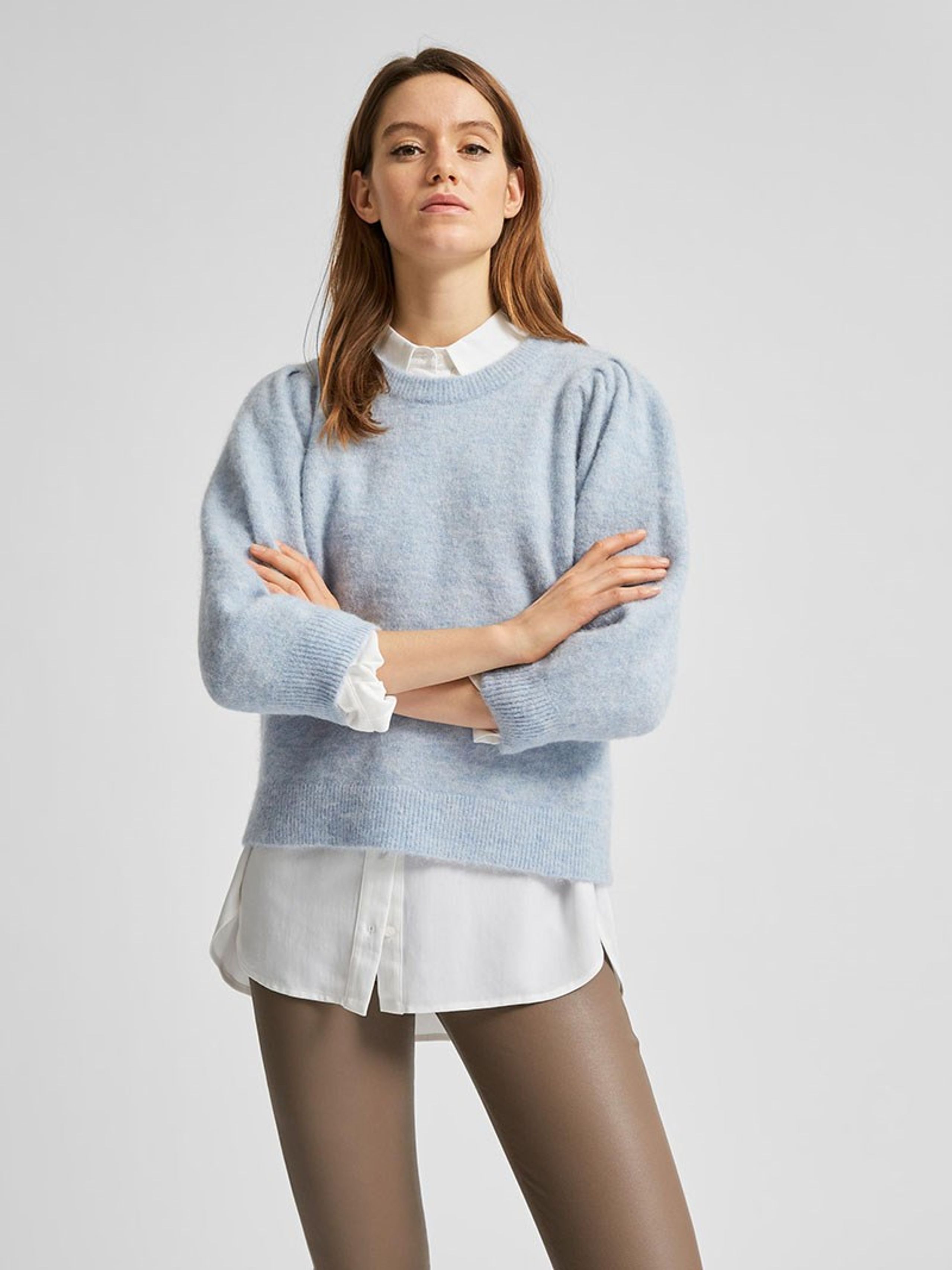 Selected Femme - Stickat - SLFSia 3/4 Knit O-Neck - Cashmere Blue