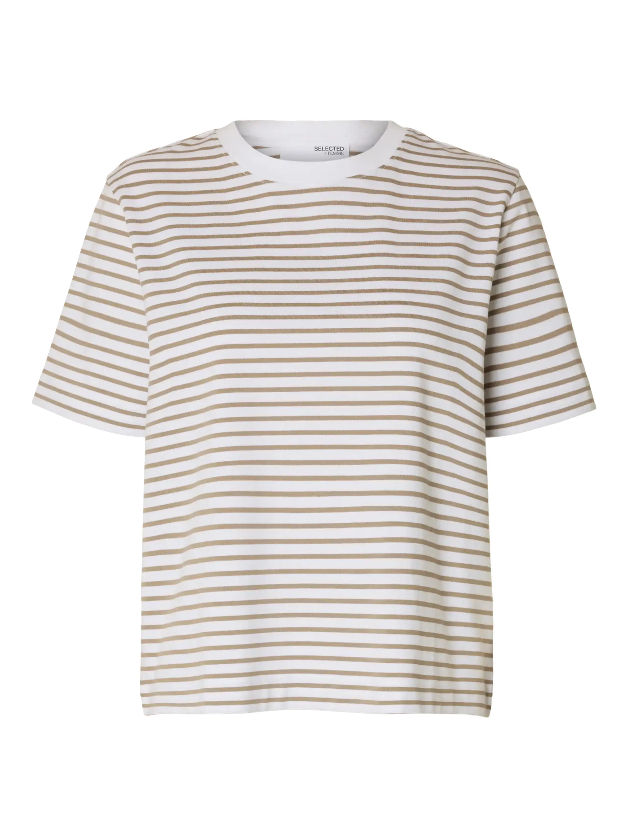 Selected Femme - T-shirt - SLFEssential SS Striped Boxy Tee NOOS - Greige/White/Thin Stripes