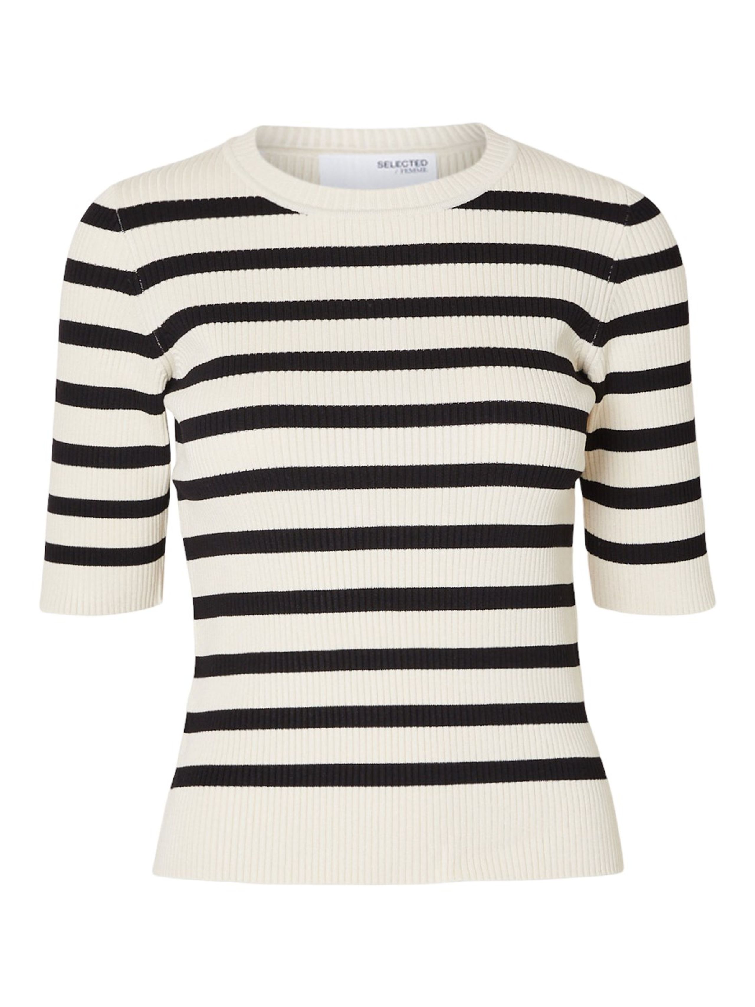 Selected Femme - T-shirt - SLFMali 2/4 Knit O-neck - Birch/Black Stripe