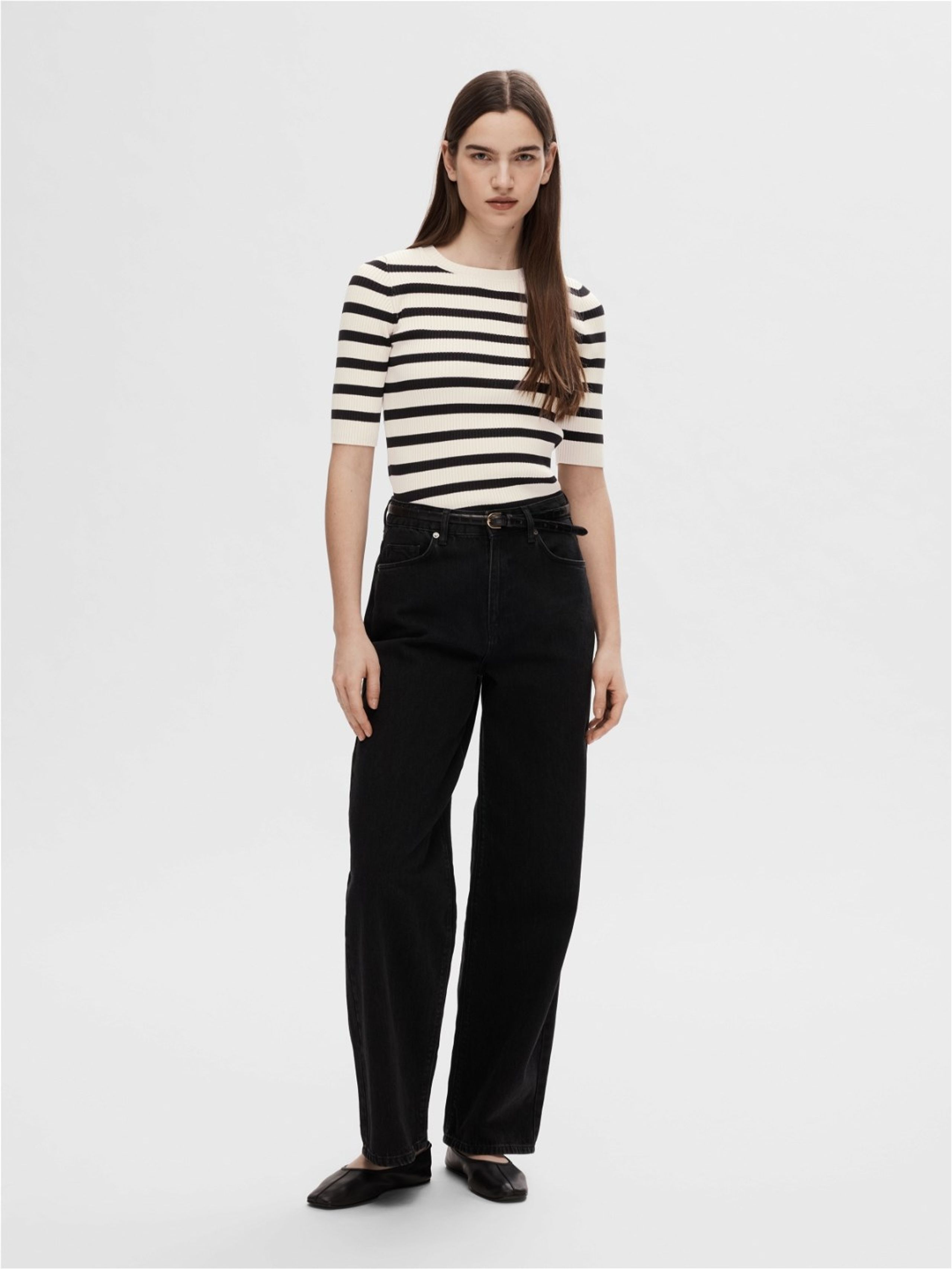 Selected Femme - T-shirt - SLFMali 2/4 Knit O-neck - Birch/Black Stripe