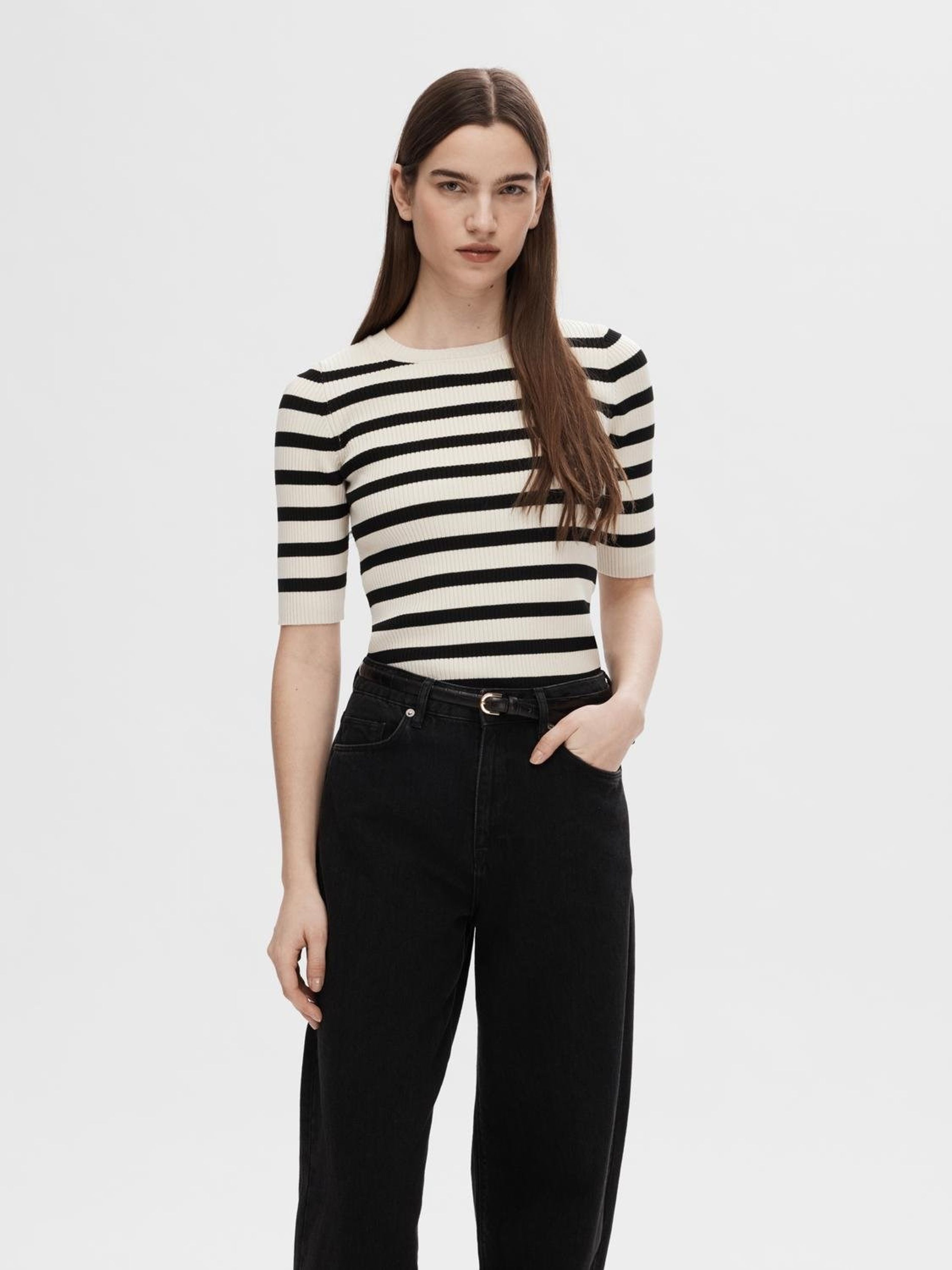 Selected Femme - T-shirt - SLFMali 2/4 Knit O-neck - Birch/Black Stripe