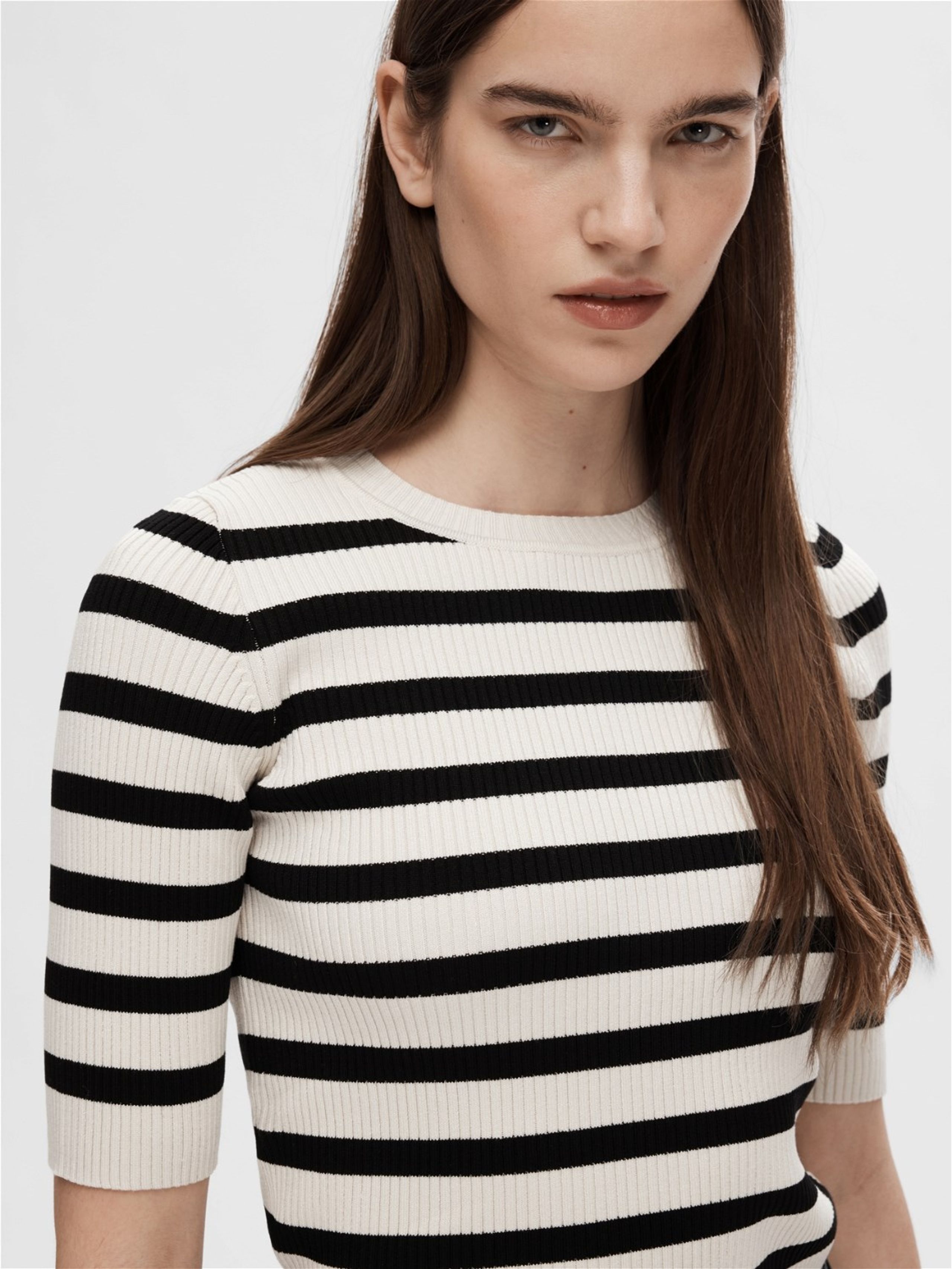 Selected Femme - T-shirt - SLFMali 2/4 Knit O-neck - Birch/Black Stripe