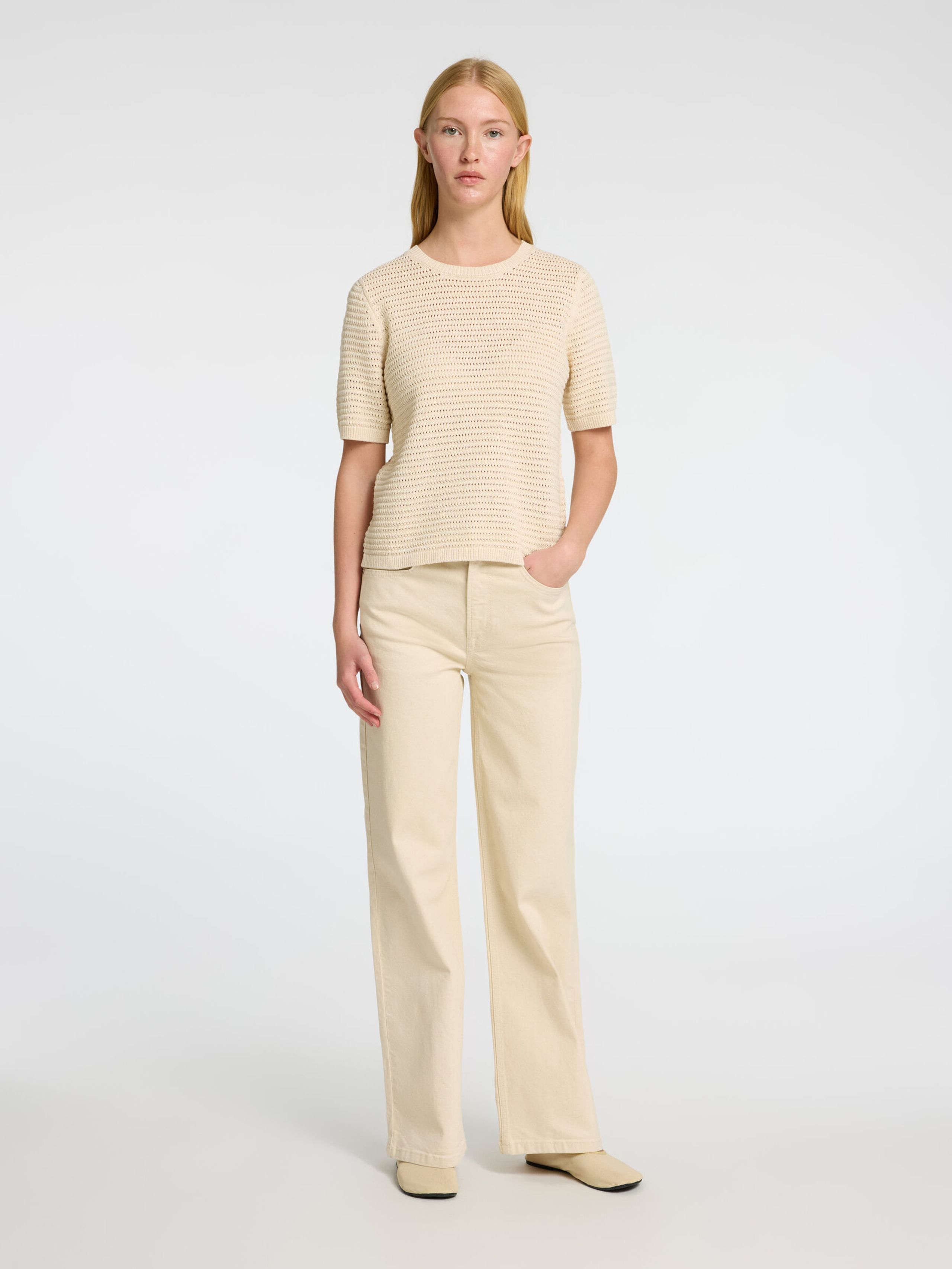 Selected Femme - T-shirt - SLFVinna SS Structure Knit O-Neck NOOS - Birch