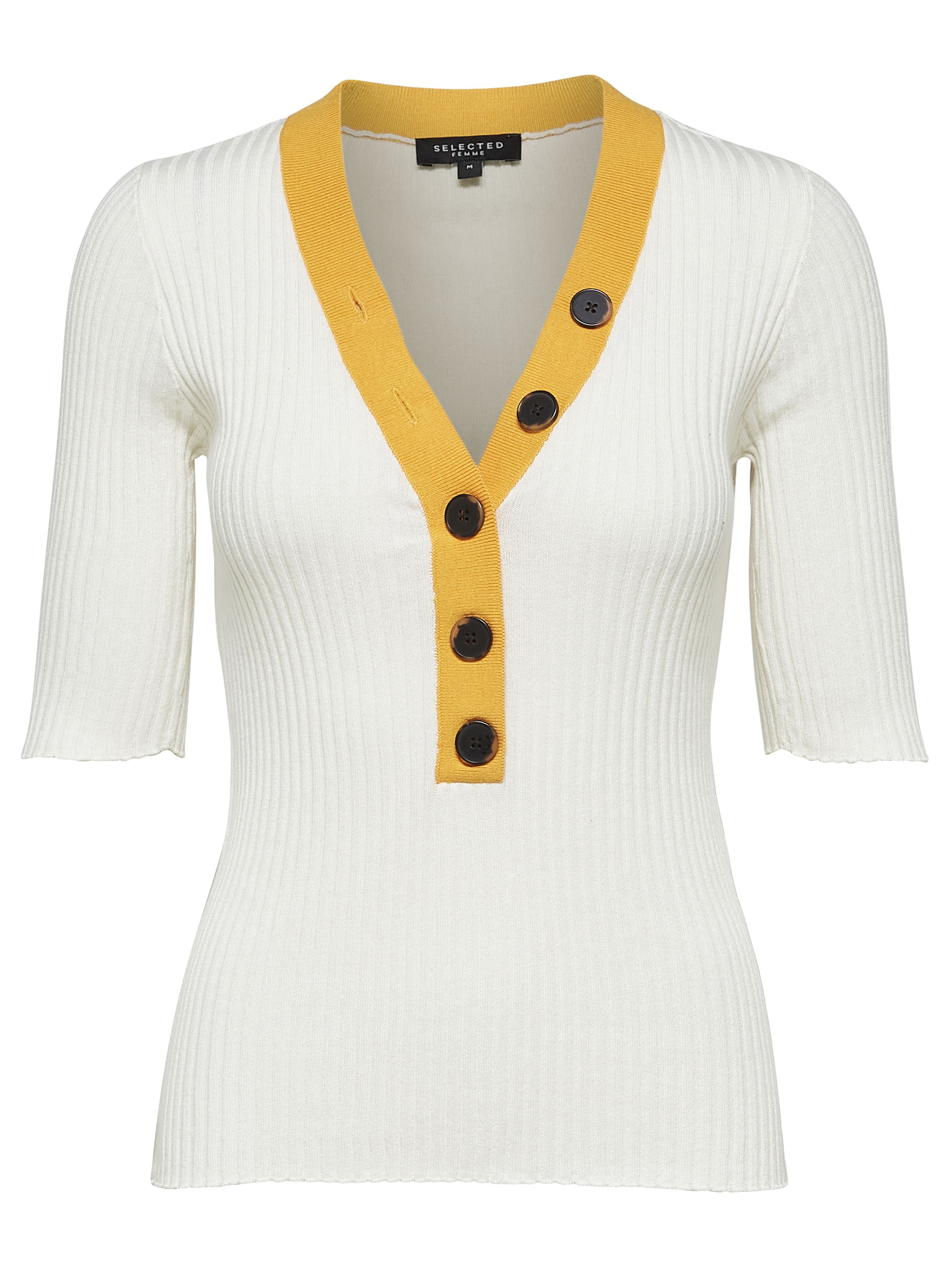 Selected Femme - T-shirt - Sunna 2/4 Rib Knit V-neck - Birch/Radiant Yellow