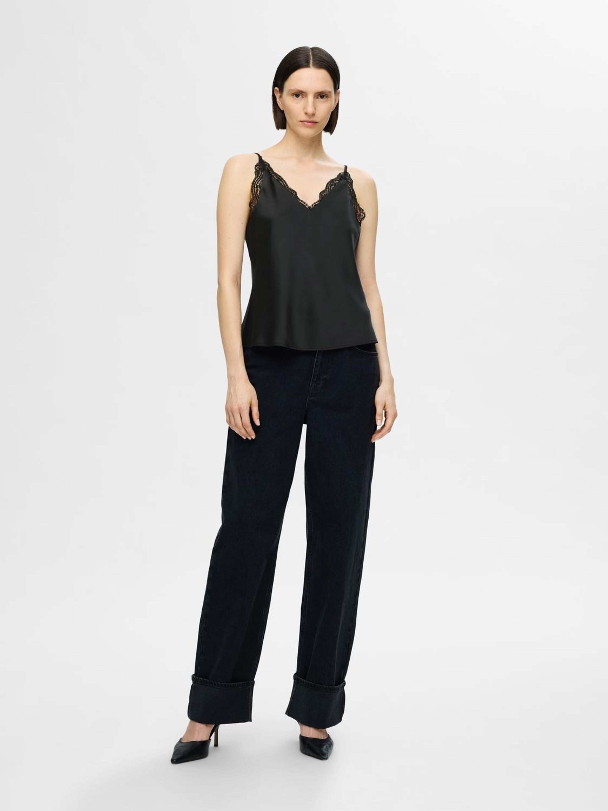 Selected Femme - Top - SLFAlena Lace Trim Strap Top - Black