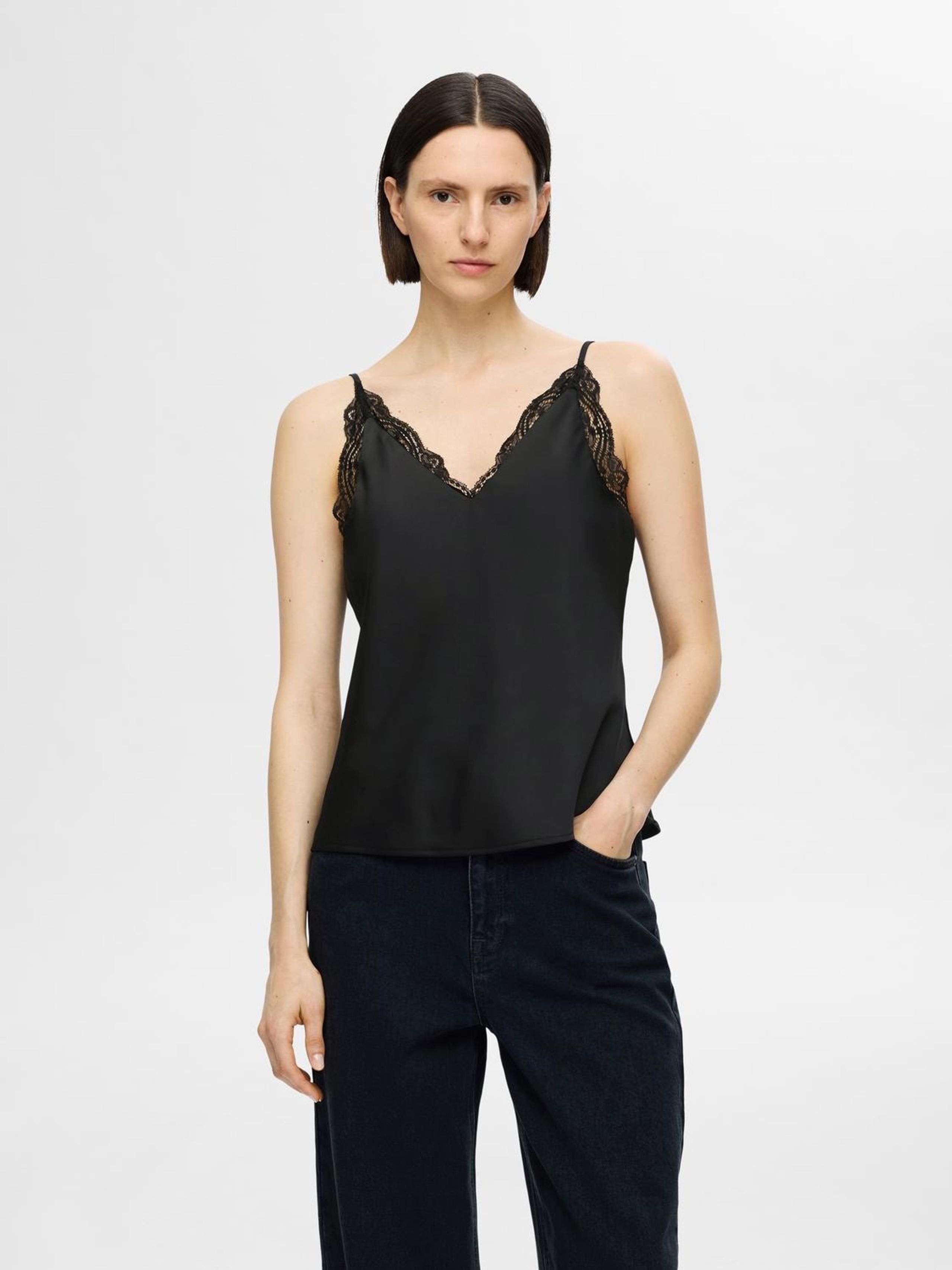 Selected Femme - Top - SLFAlena Lace Trim Strap Top - Black