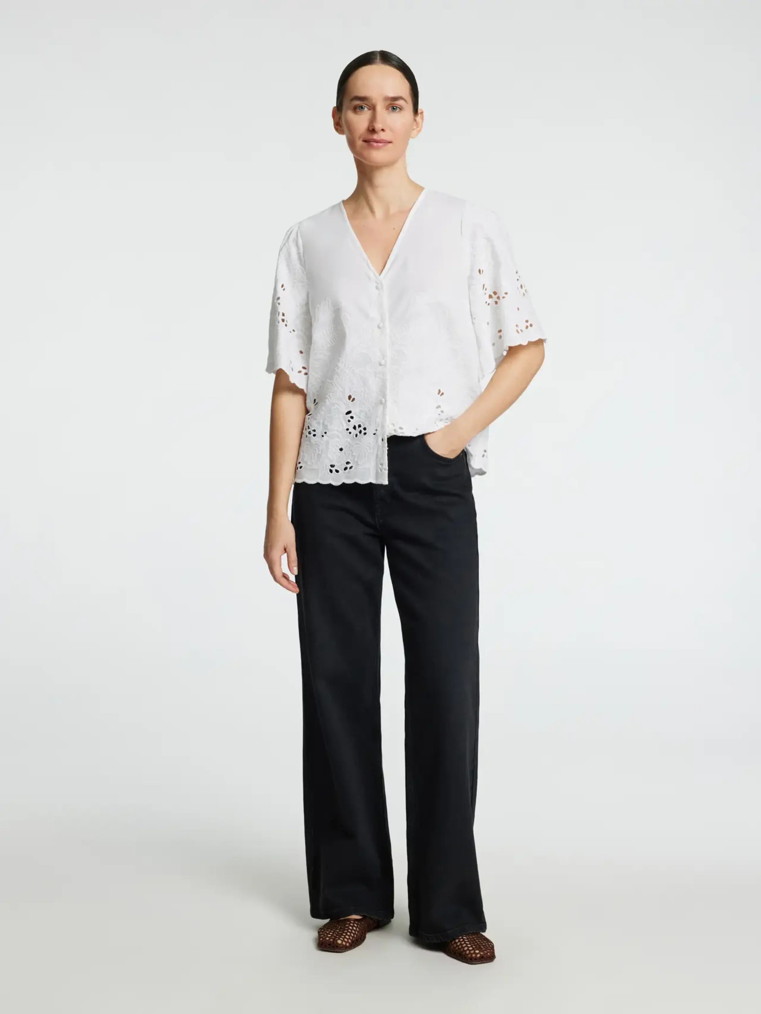 Selected Femme - Top - SLFDahlia SS Broderi Shirt NOOS - Bright White