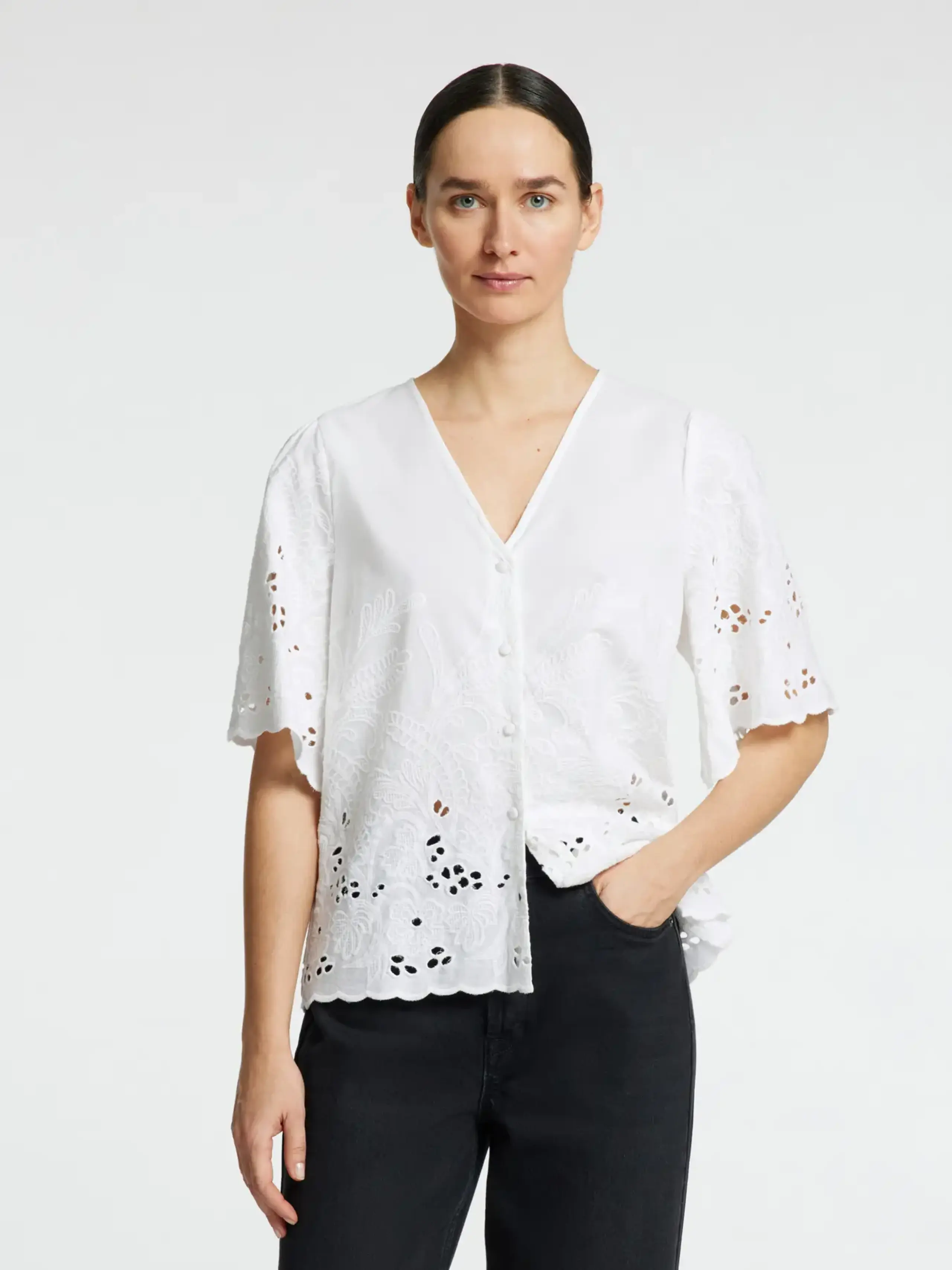 Selected Femme - Top - SLFDahlia SS Broderi Shirt NOOS - Bright White