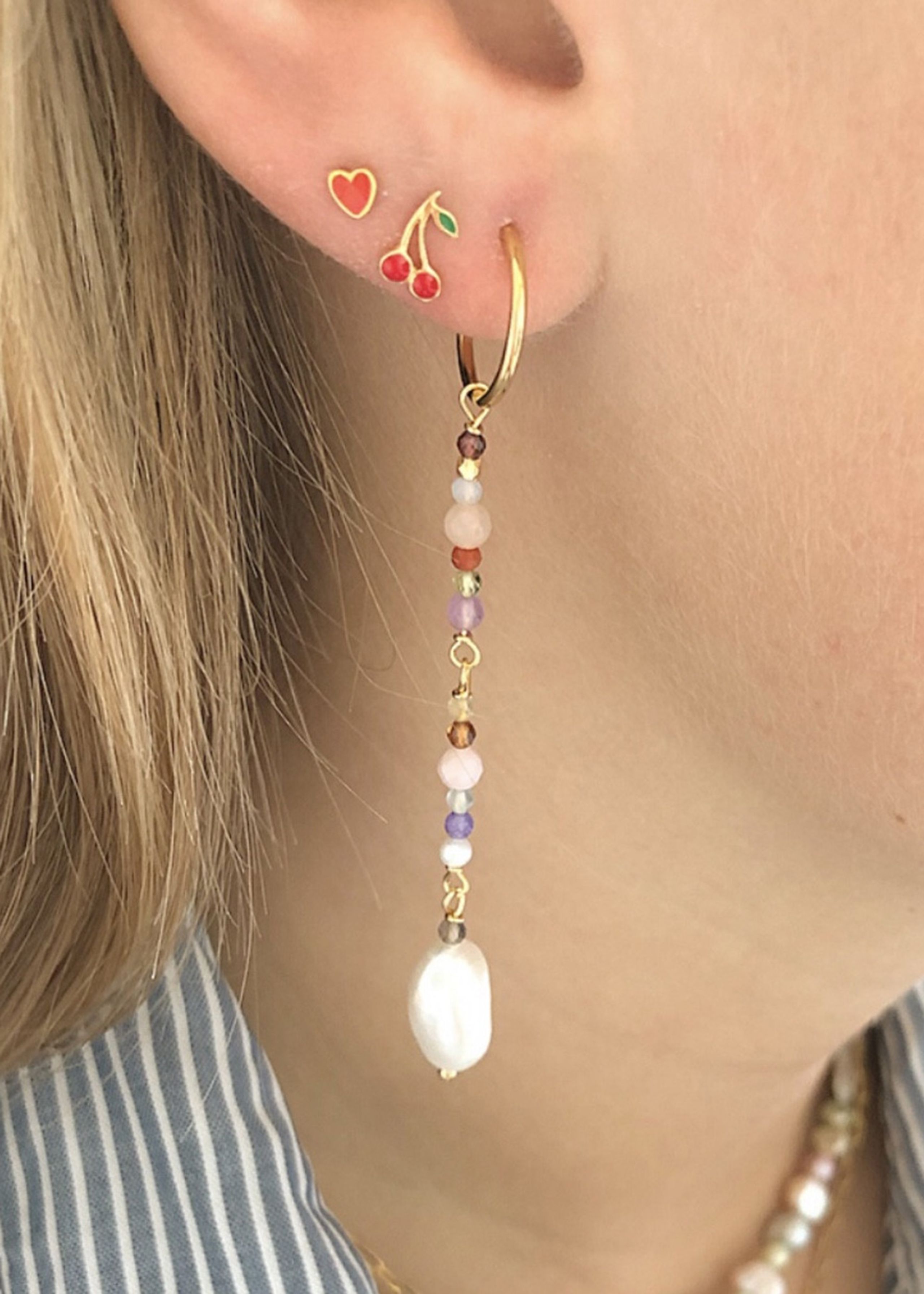 Stine A - Earring - Dangling Baroque Pearl Earring with Stones - Pink Mix