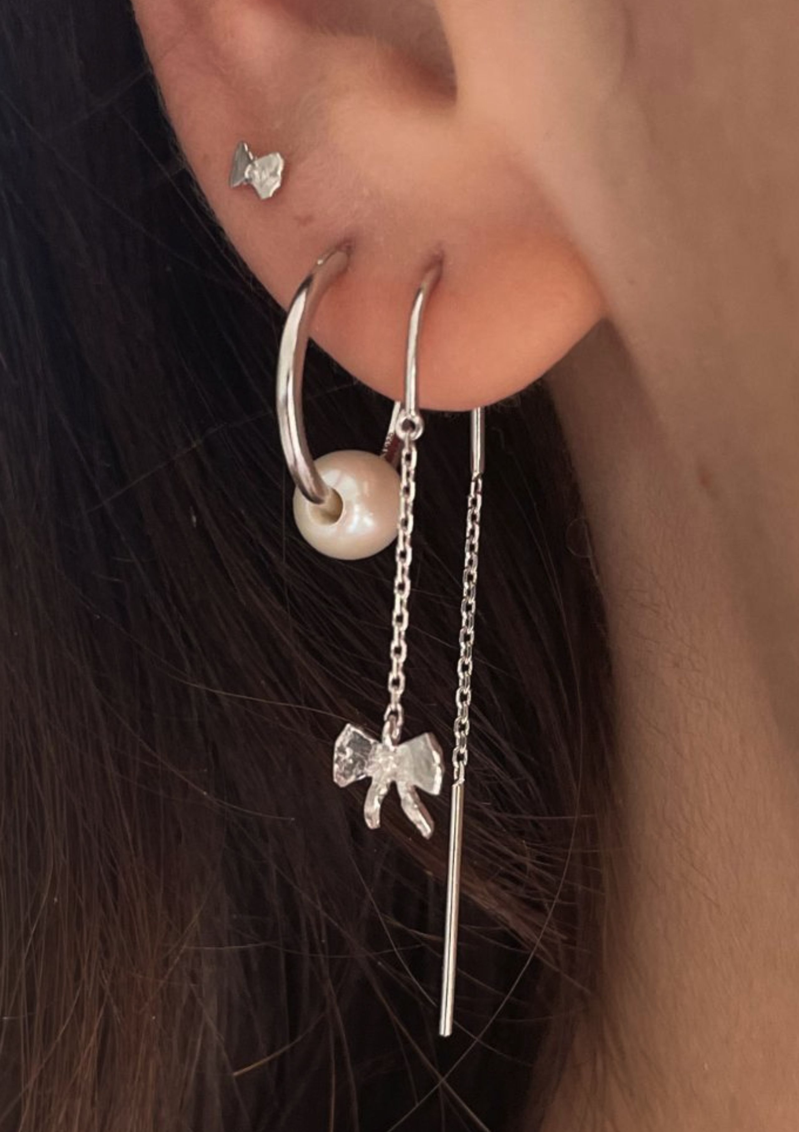 Stine A - Oorbel - Petit Bow Double Chain Earring - Silver